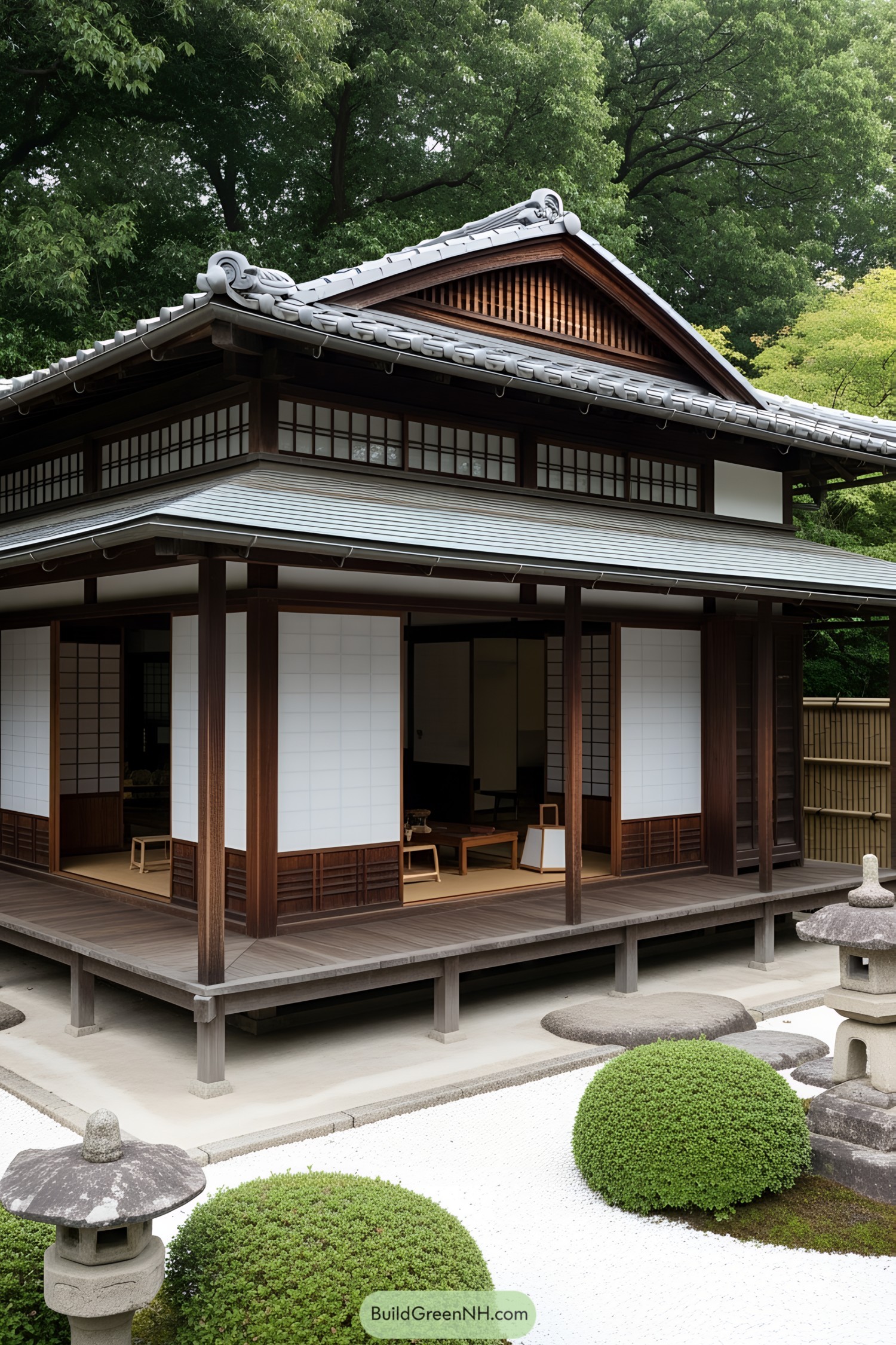 A classic Japanese tea house in a lush setting