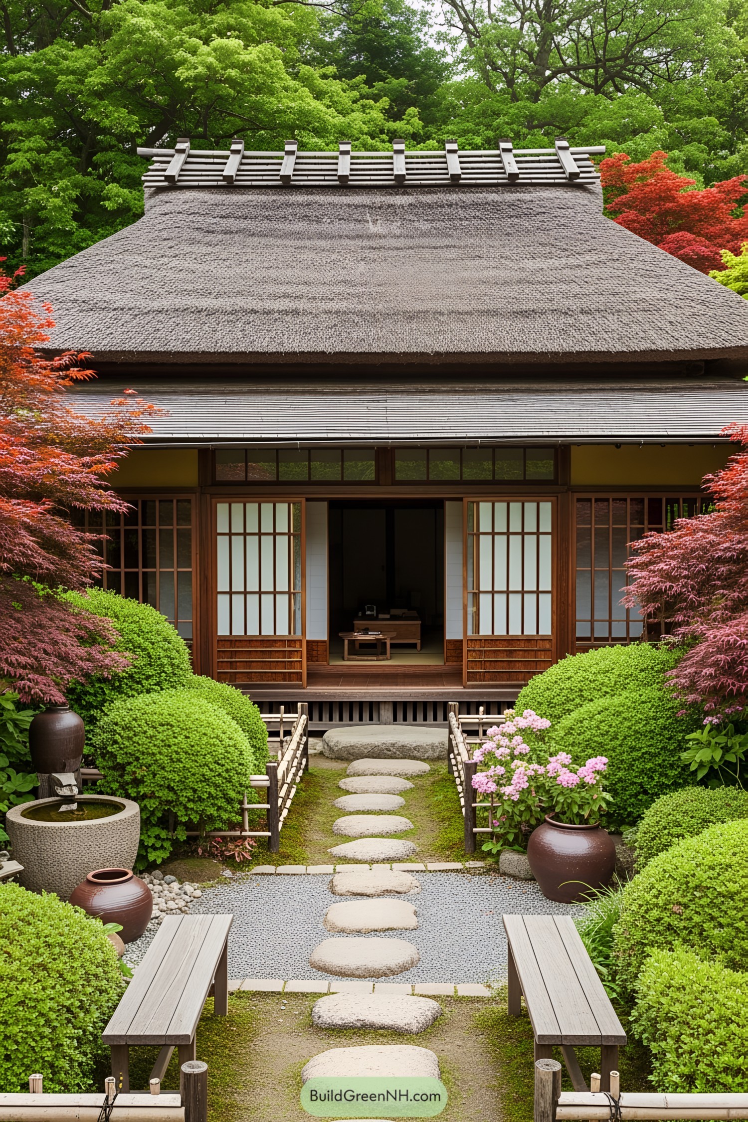 Charming tea house amidst lush greenery