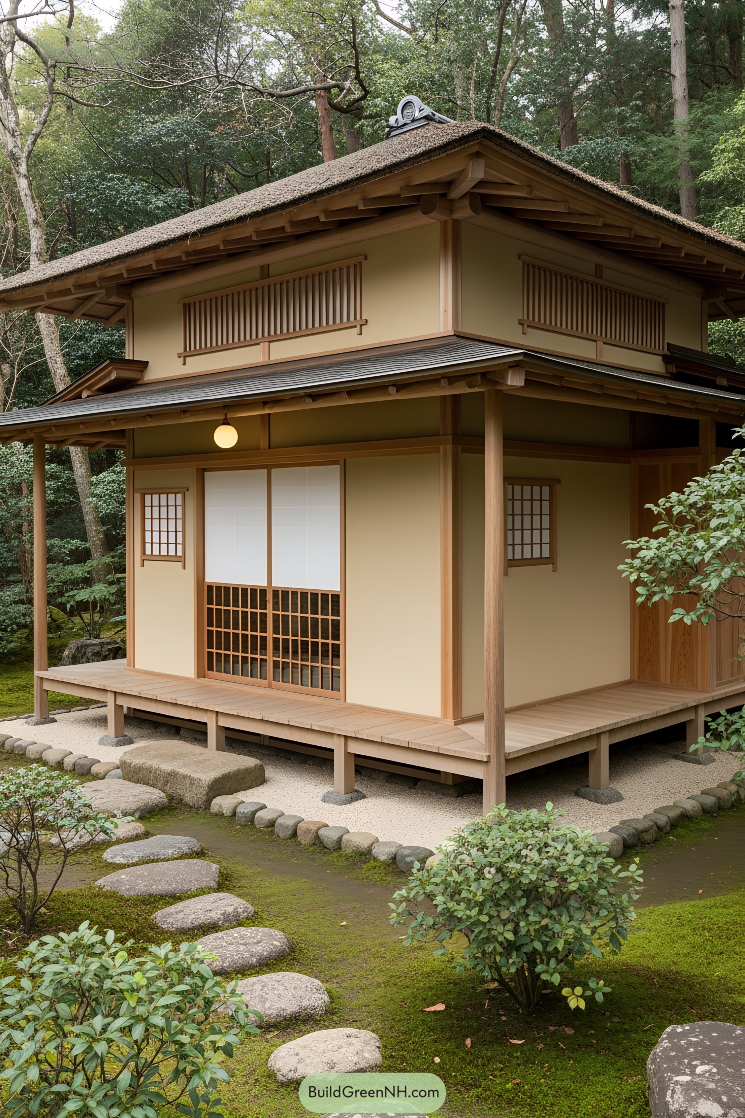 Traditional Japanese tea house nestled in a lush garden