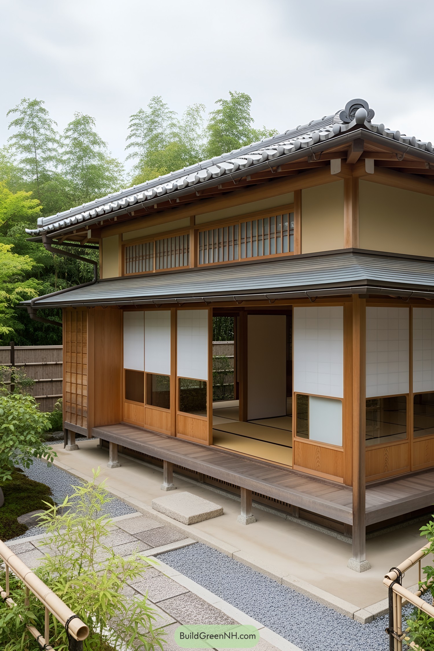 Japanese tea house with wooden architecture and sliding doors