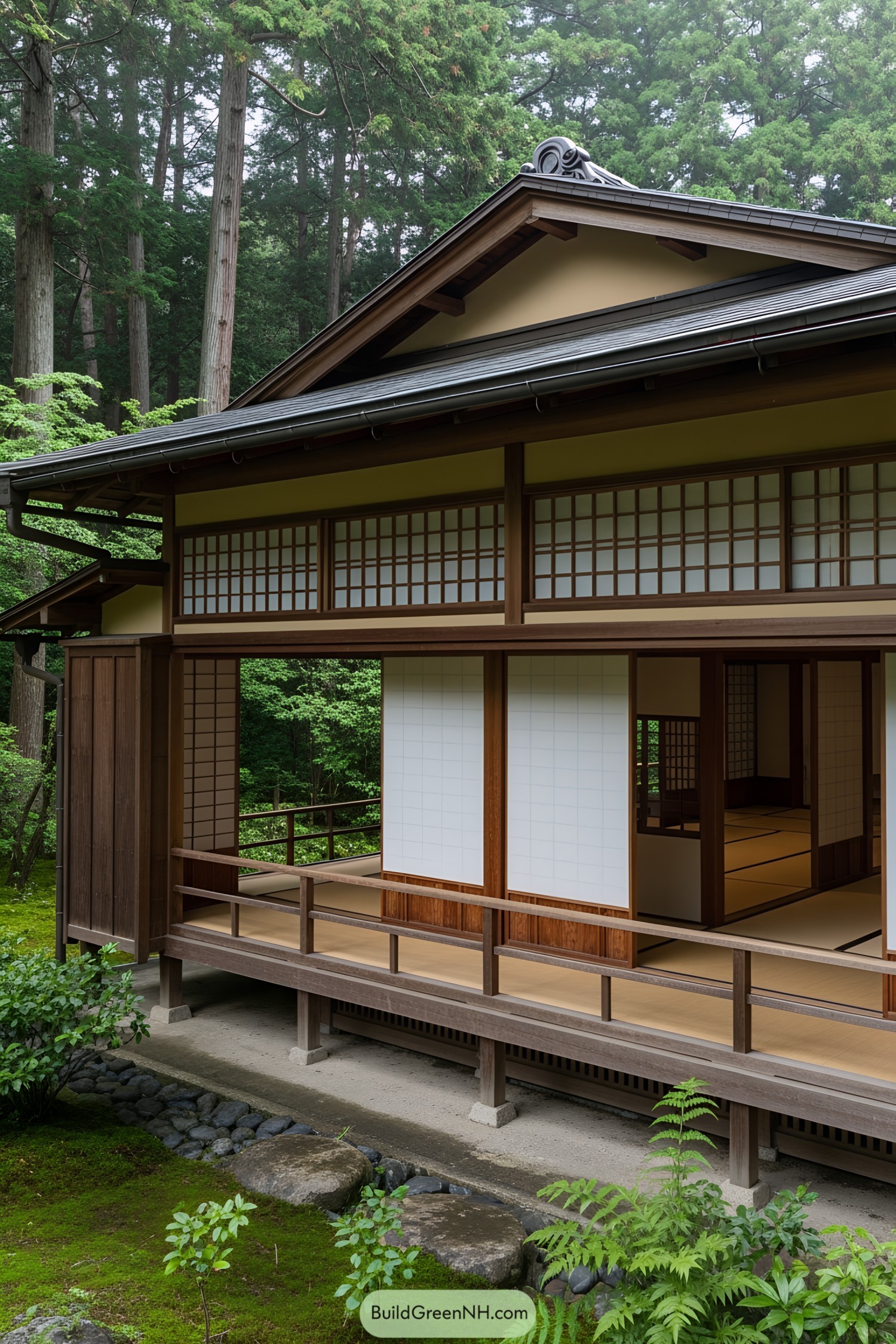 Japanese tea house with sliding wooden and paper doors, surrounded by lush greenery