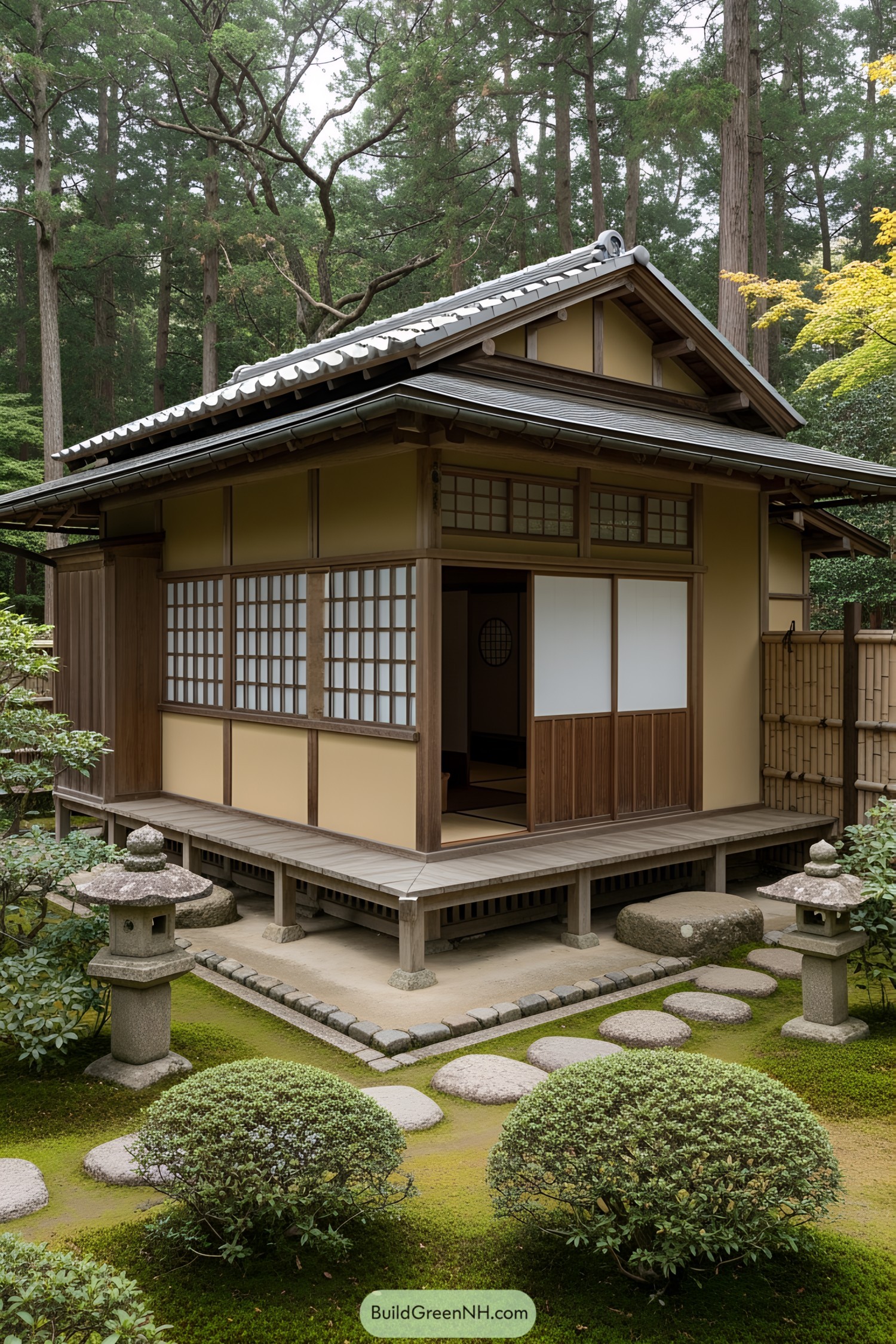Quaint Japanese tea house amidst lush greenery