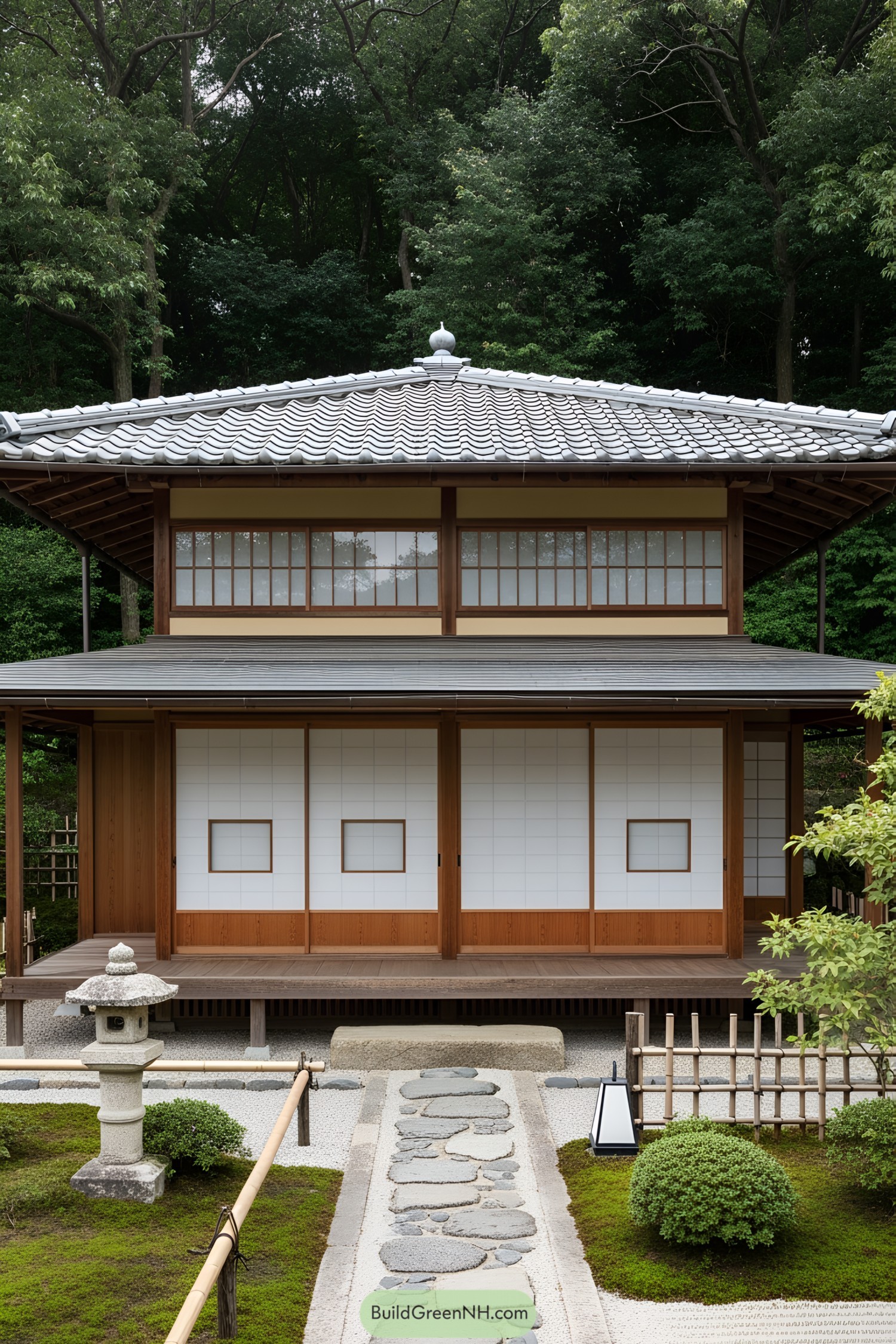 Traditional Japanese tea house with sliding doors and a stone path