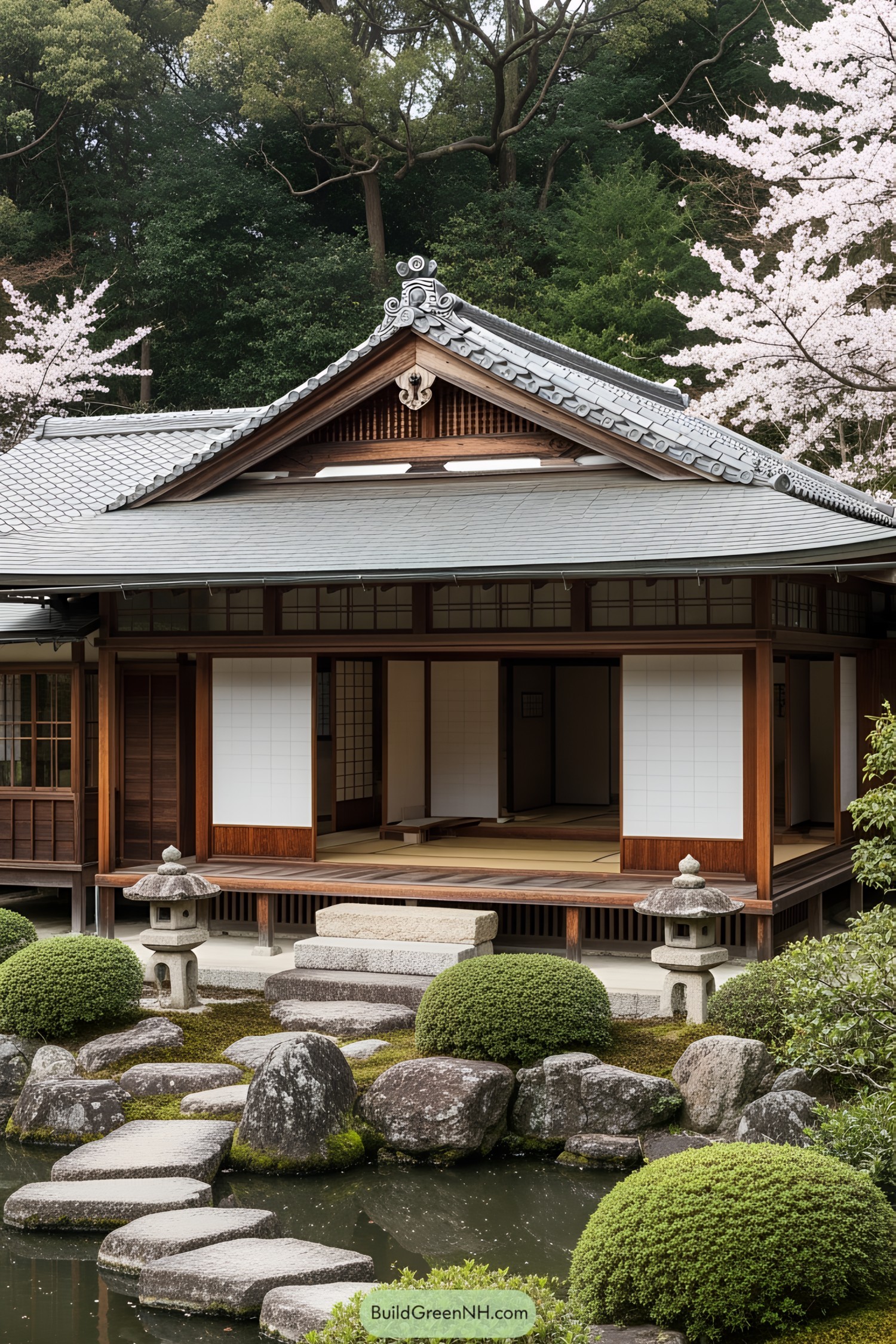 Serene Japanese tea house nestled among cherry blossoms