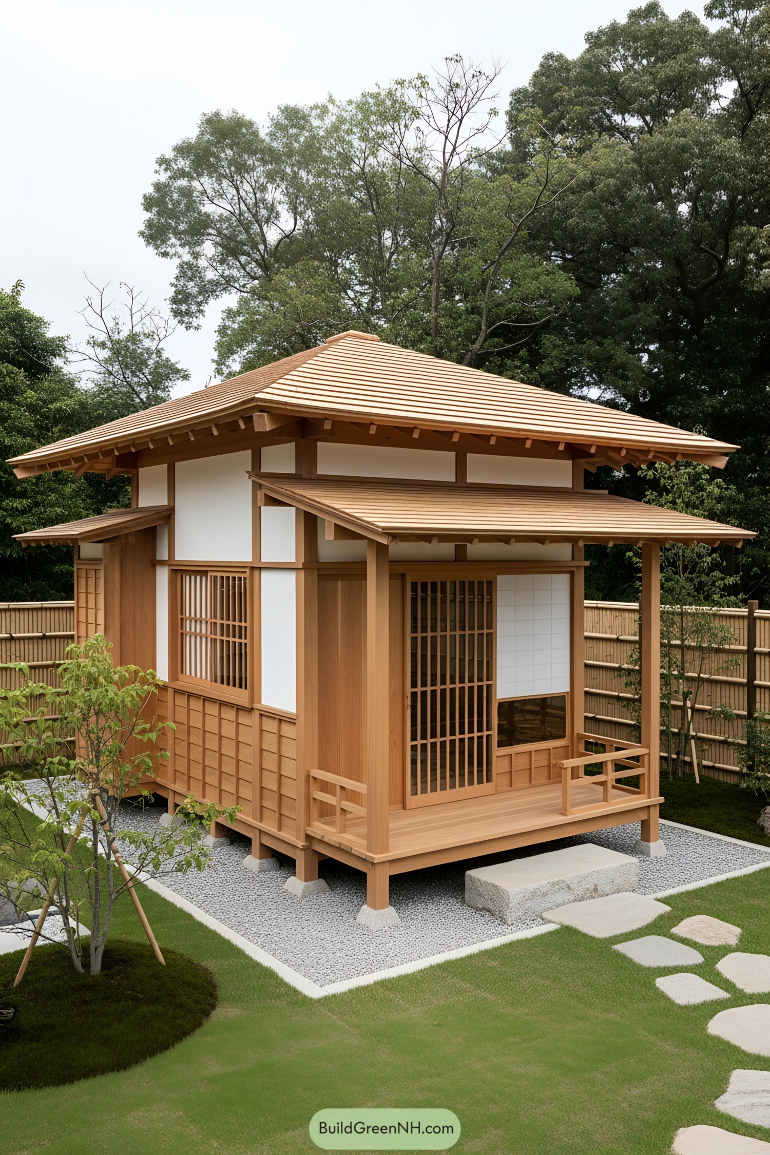 A quaint Japanese tea house surrounded by lush greenery
