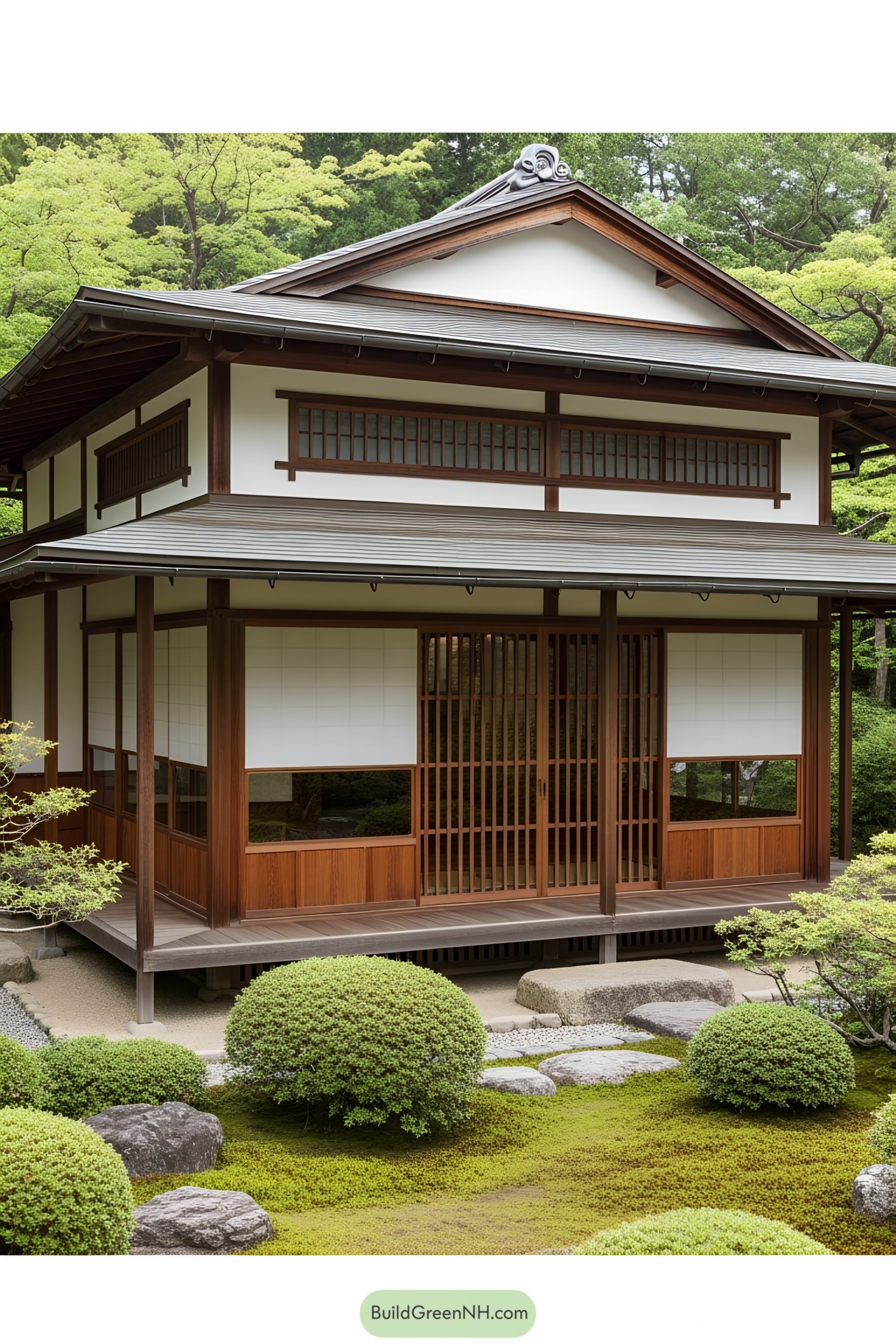 Japanese tea house with a serene garden backdrop