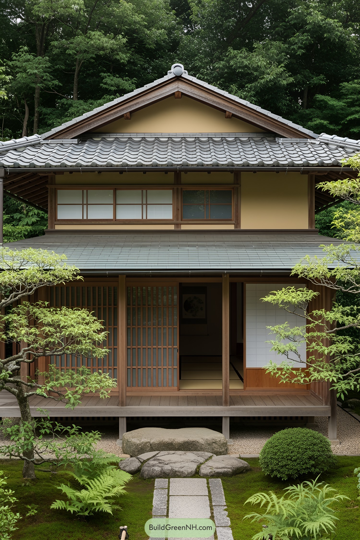 Charming wooden tea house amidst lush greenery