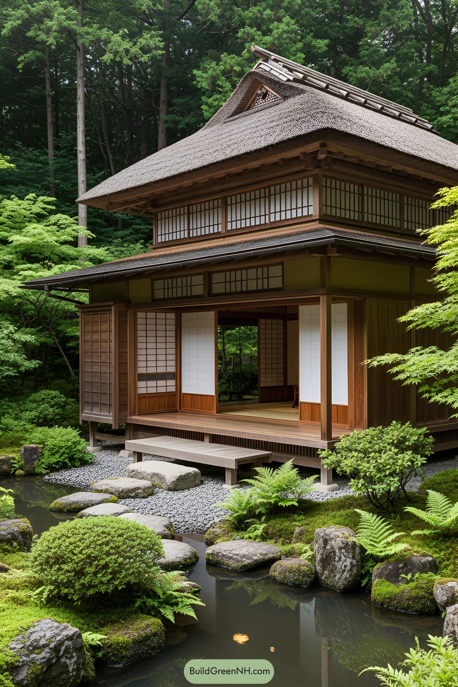 A Japanese tea house amidst lush greenery
