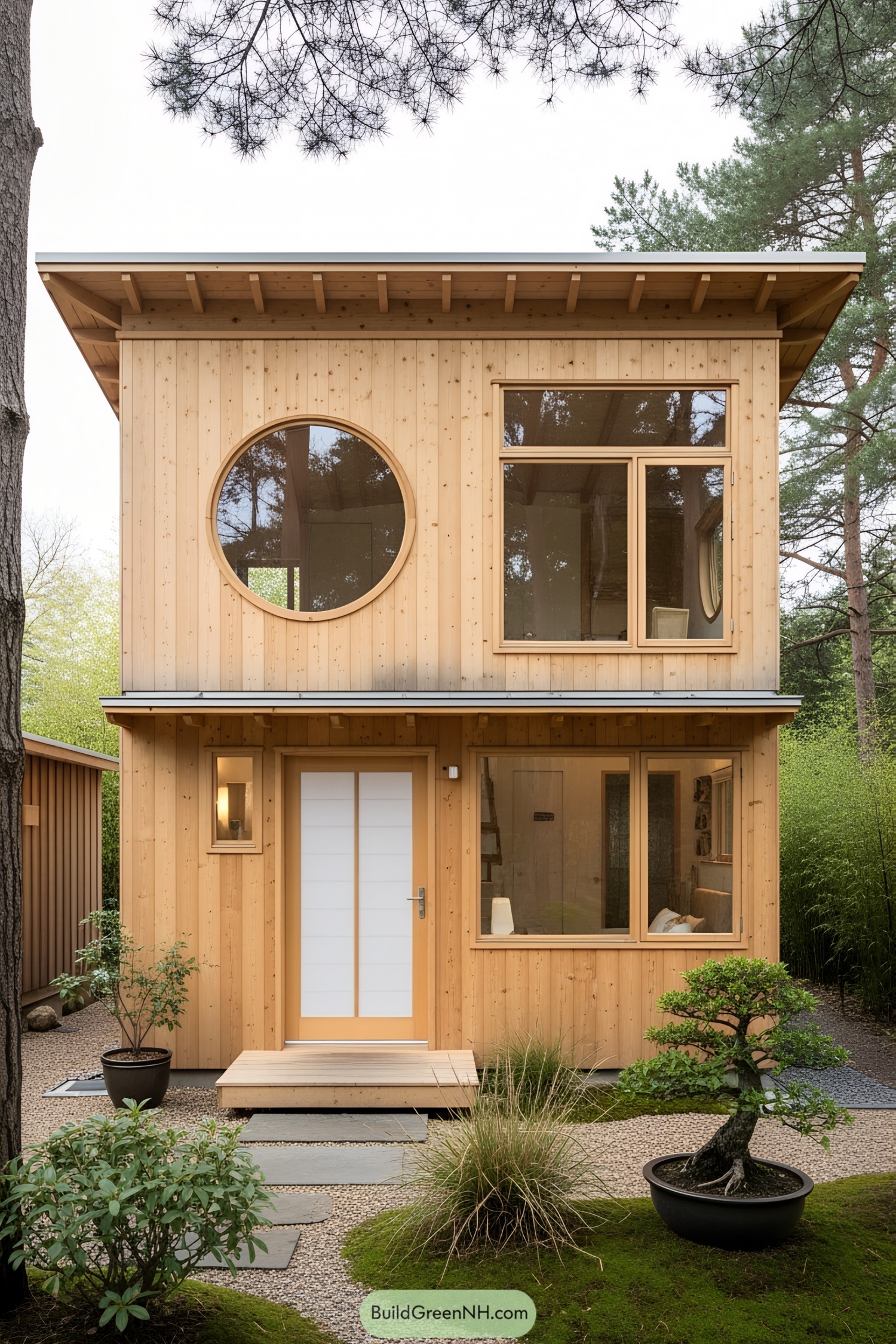 Minimalist wooden tiny house surrounded by lush greenery