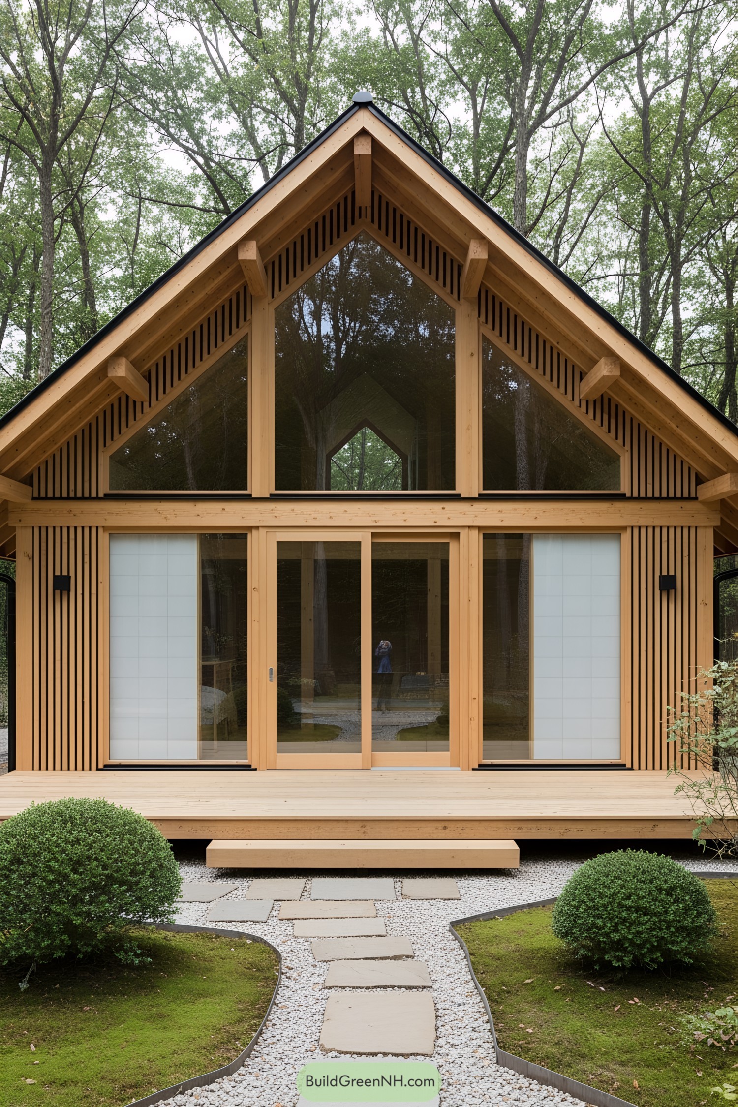 Japanese-style tiny house with wooden facade and large glass windows