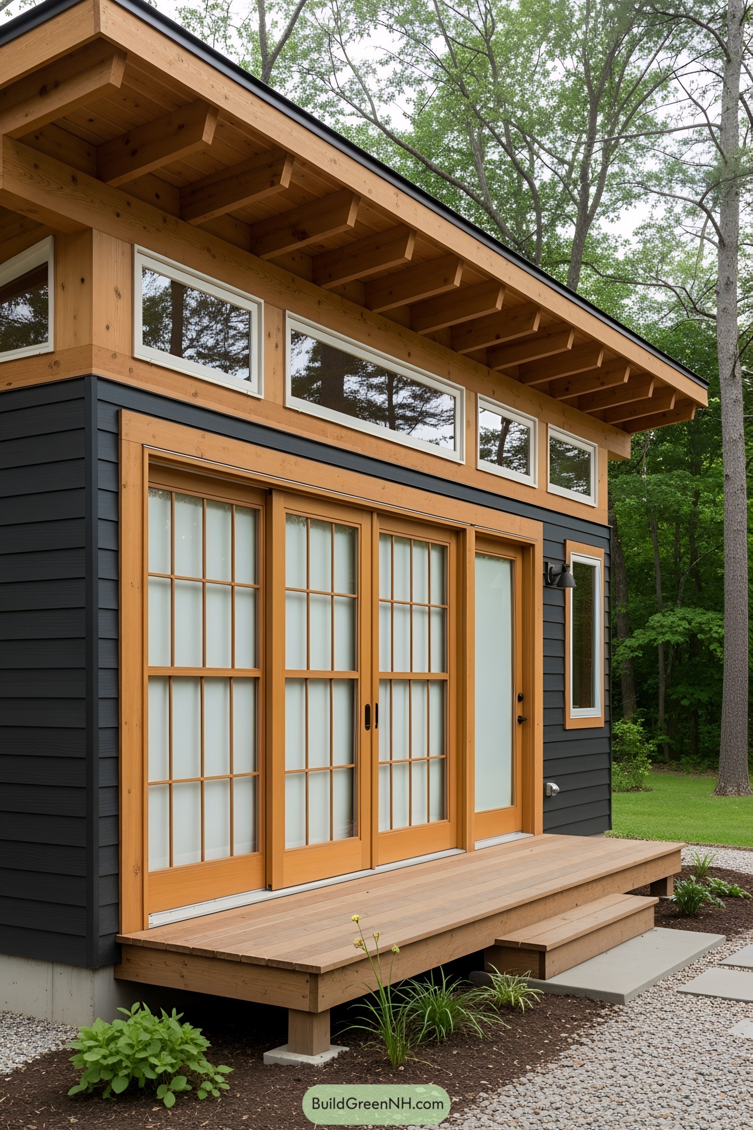 Compact wooden house with large sliding doors