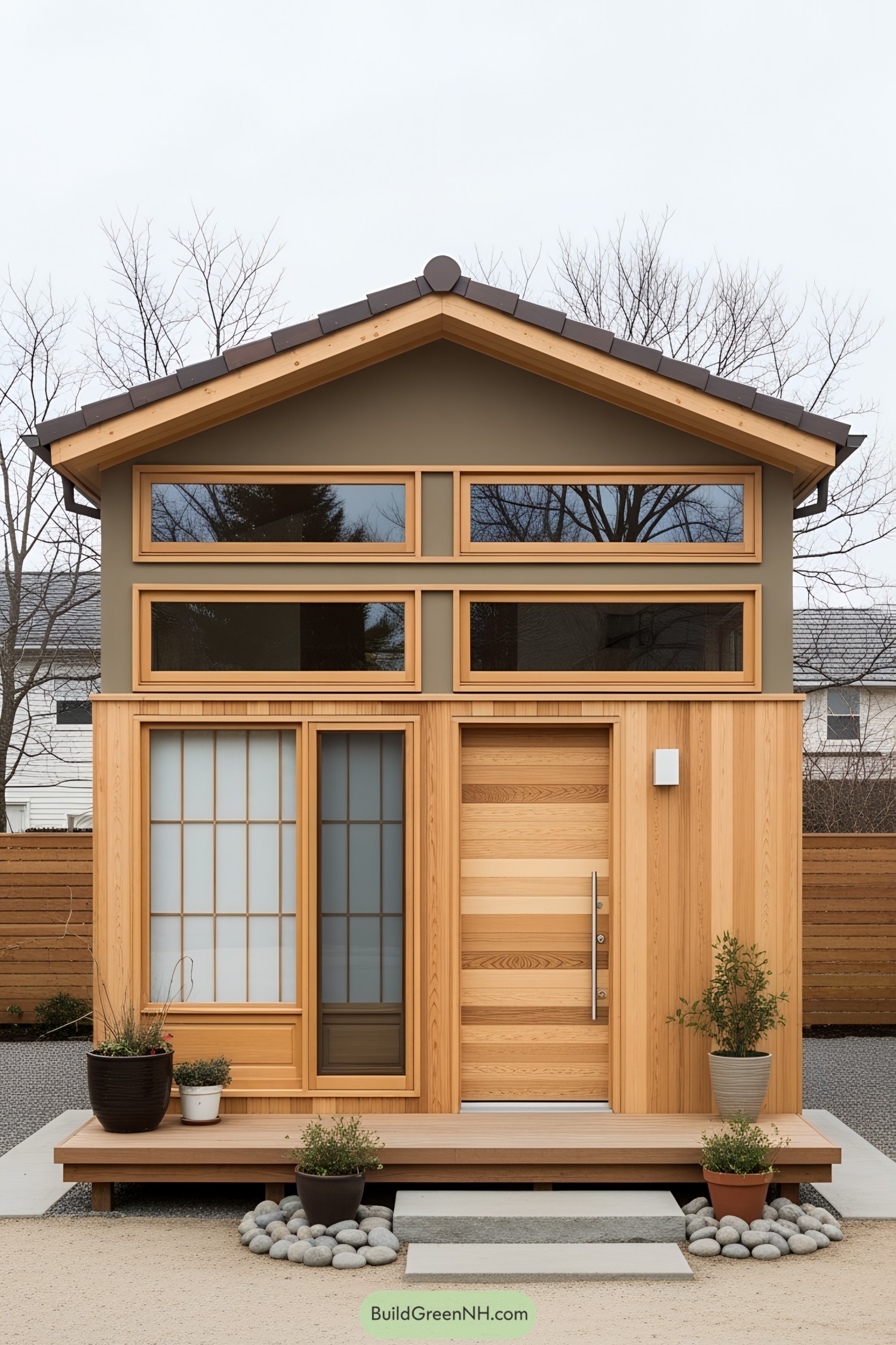 Charming Japanese tiny house with large windows and wooden facade