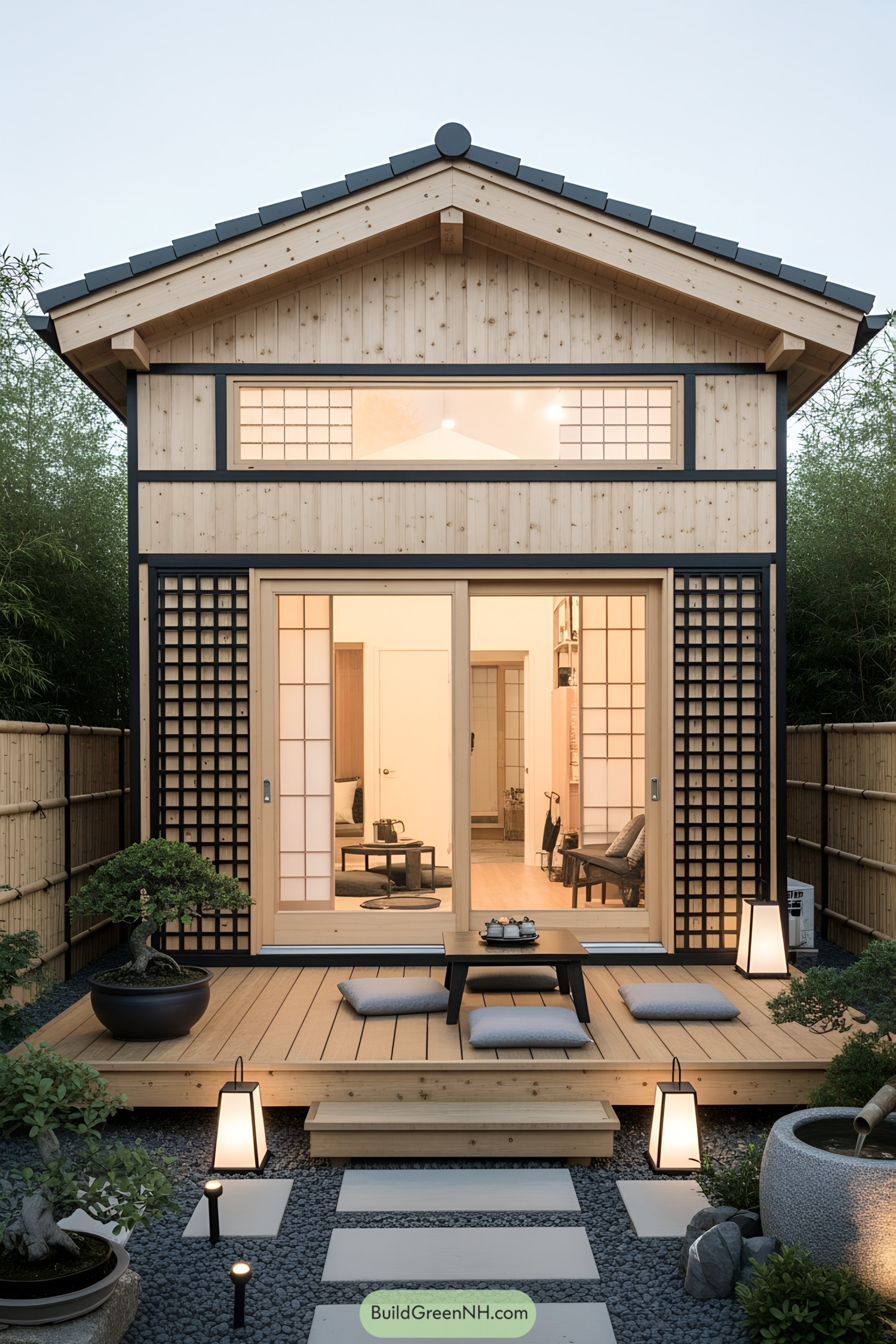 Quaint Japanese tiny house with a wooden porch and traditional design