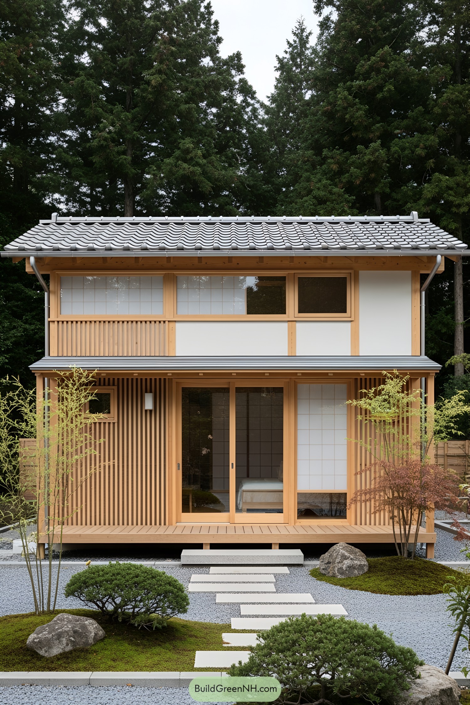 Japanese tiny house with wood accents in a garden setting