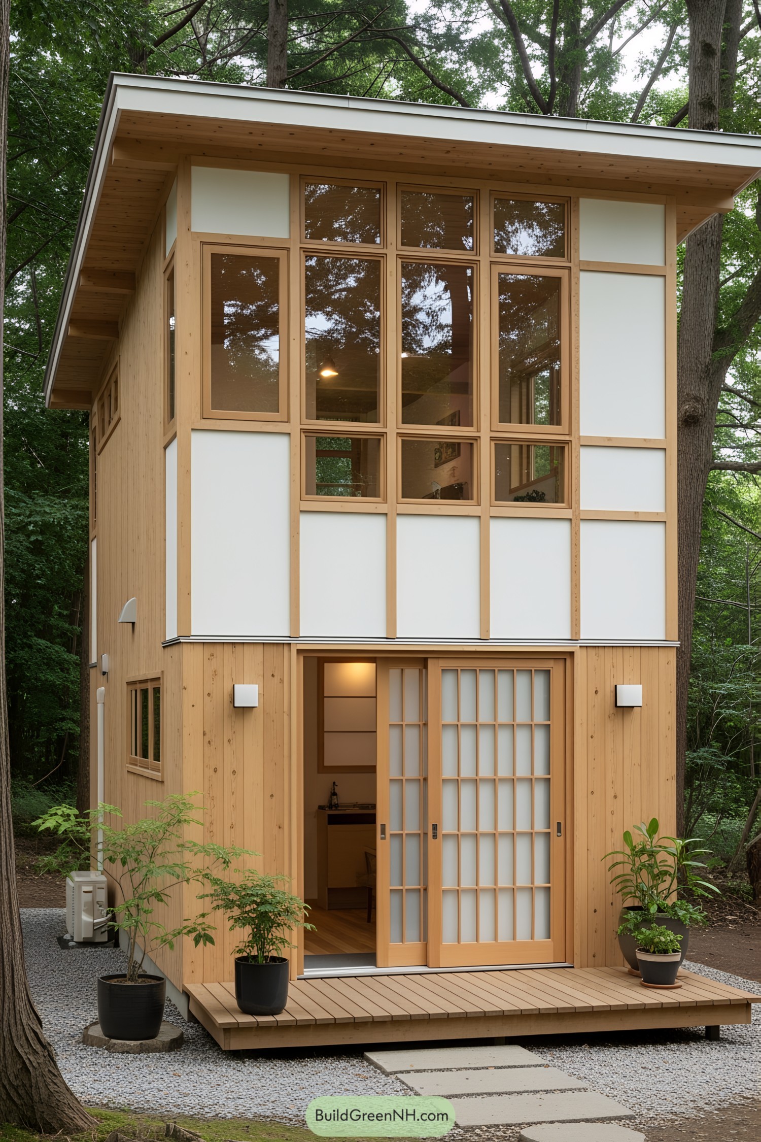 Compact Japanese house with wooden and white panels, nestled in a forest setting