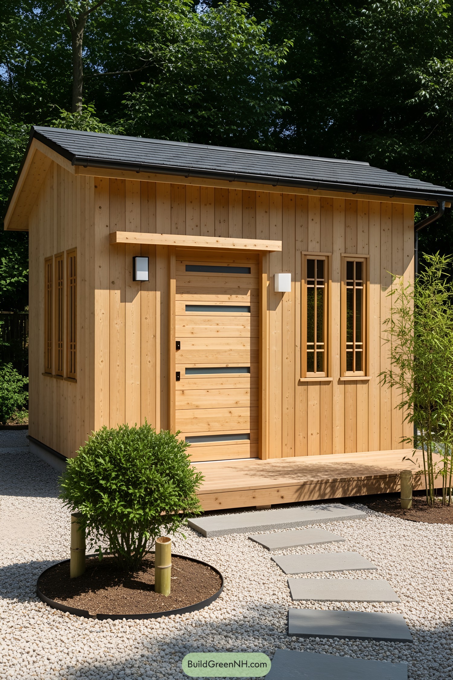 Modern tiny wooden house with a minimalist garden