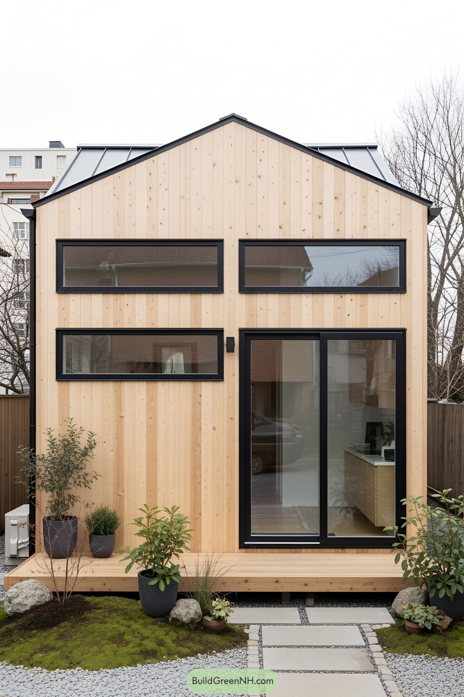 Compact wooden house front with black-framed windows and potted plants