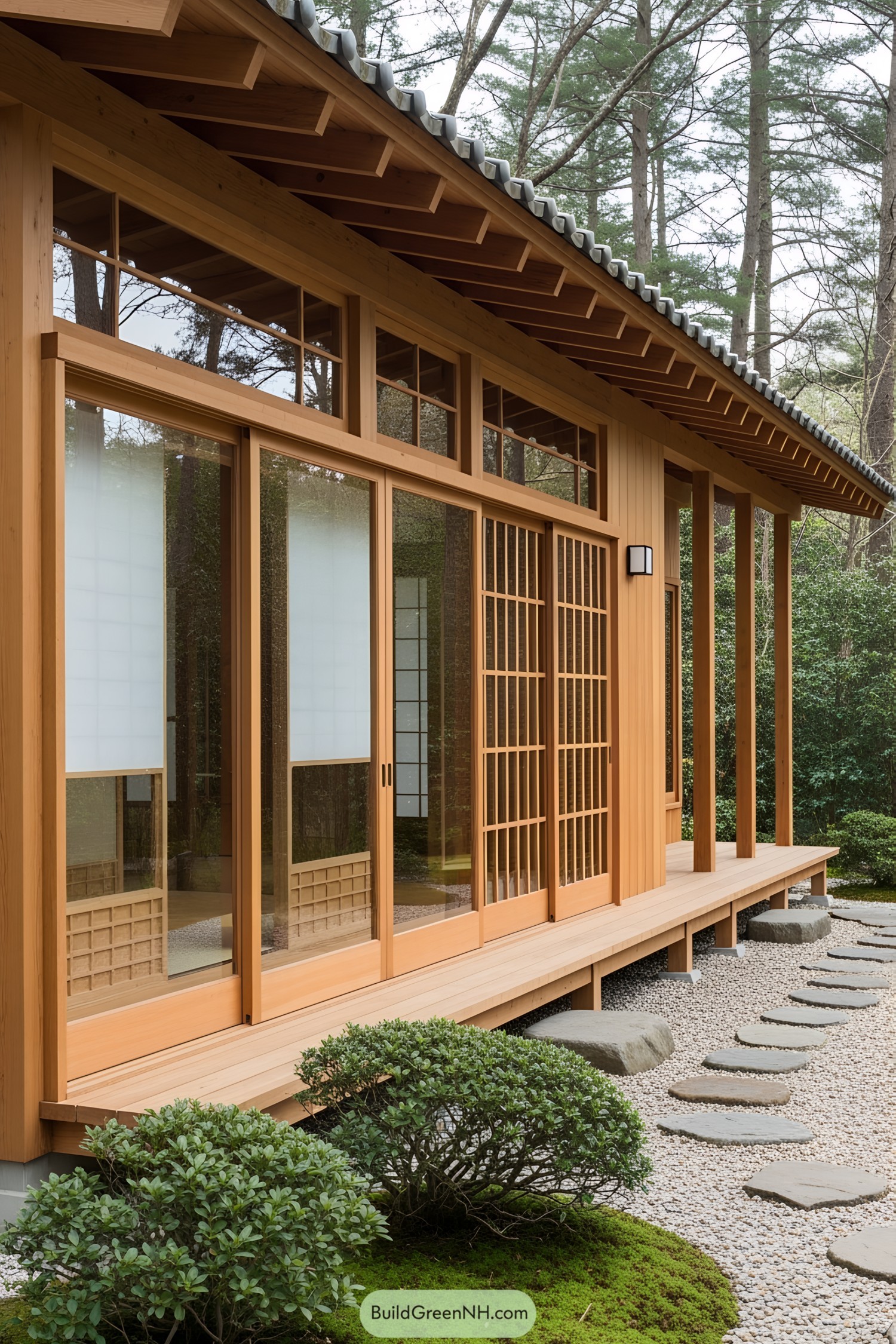 Wooden Japanese tiny house with sliding doors and lush greenery