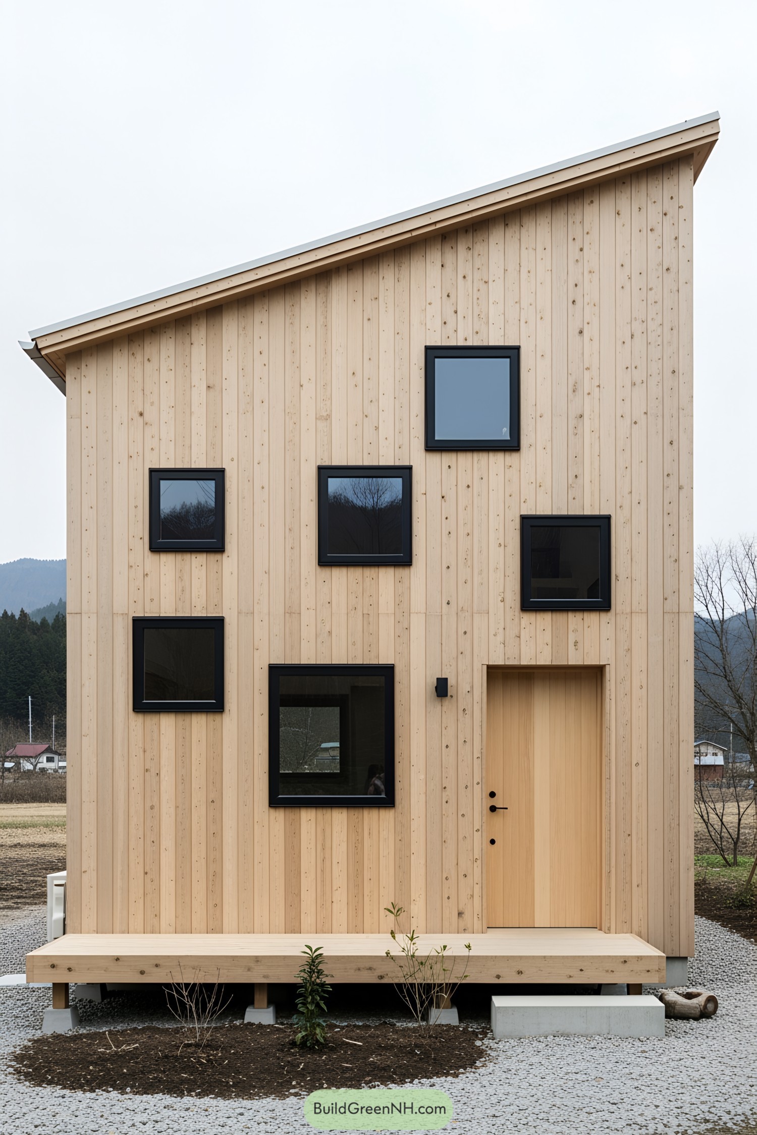 Compact Japanese house with wooden exterior and black-framed windows