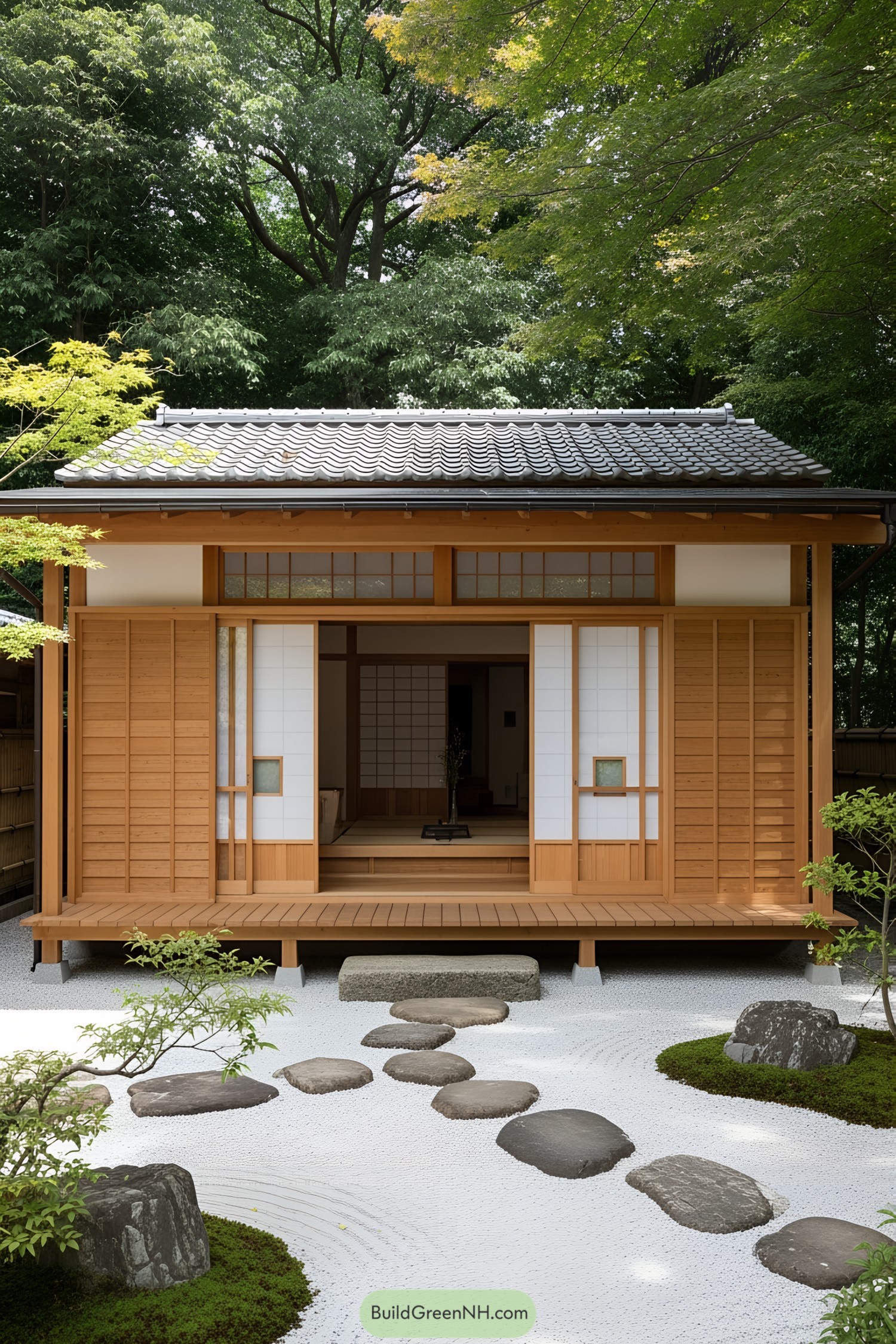 Japanese tiny house with shoji screens and a Zen garden