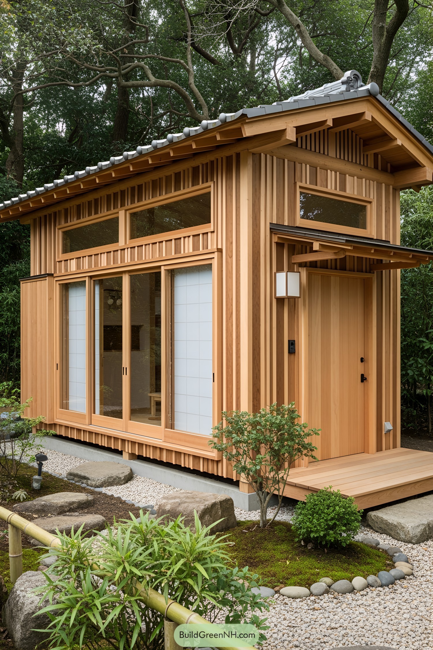 Japanese tiny house with wooden exterior in a garden setting