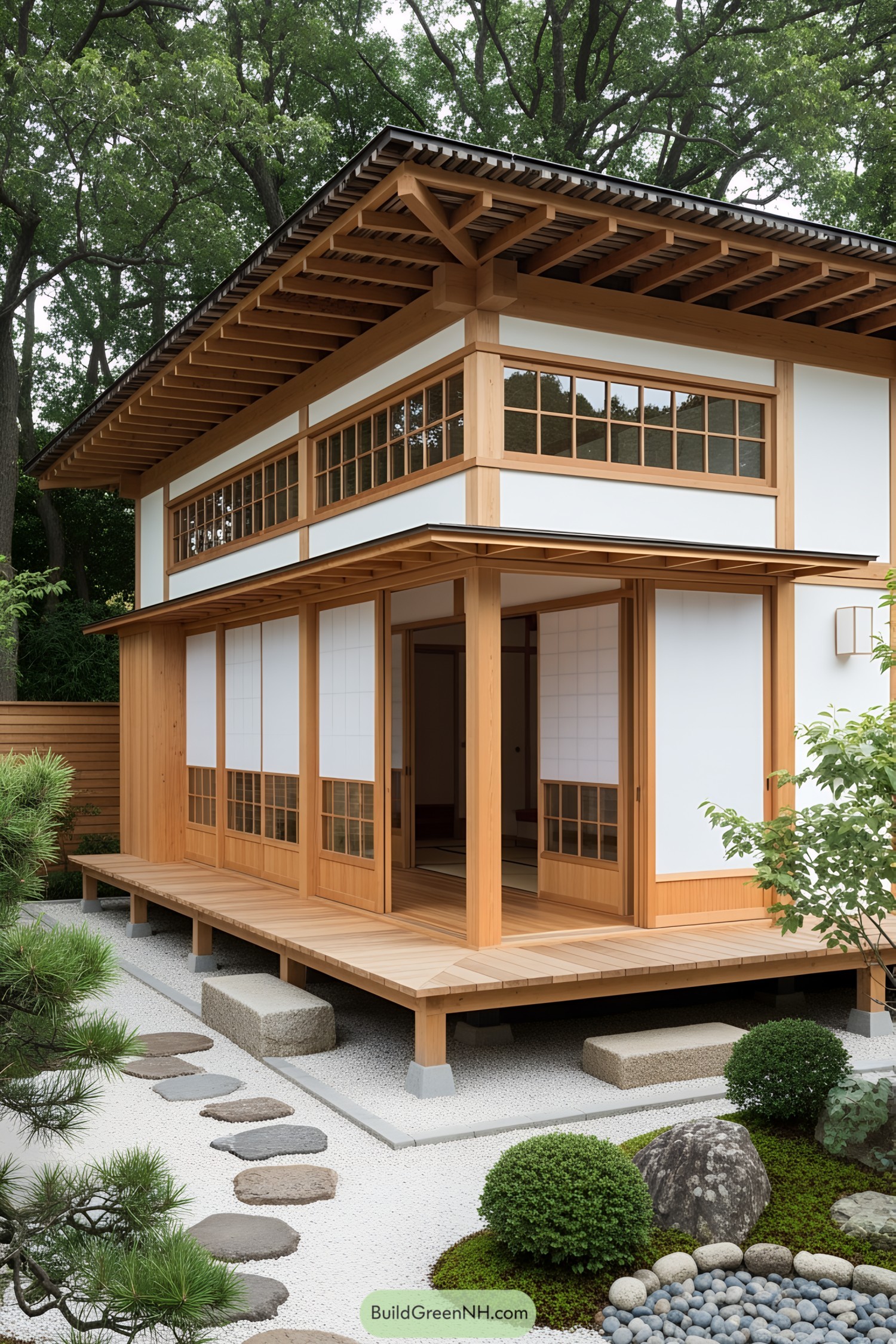 Japanese wooden tiny house with sliding doors and garden
