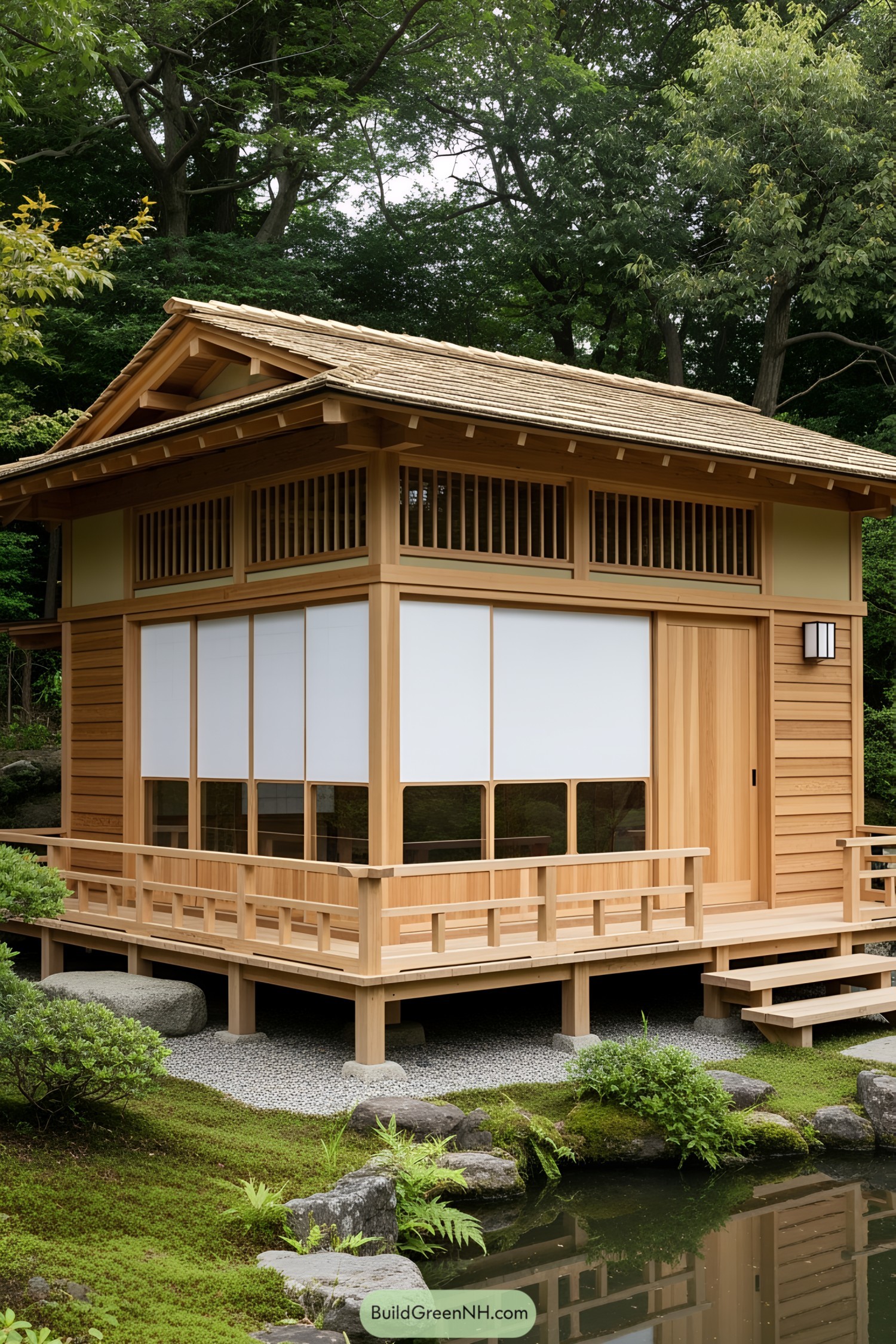 Japanese-style tiny house surrounded by lush greenery and a peaceful garden pond