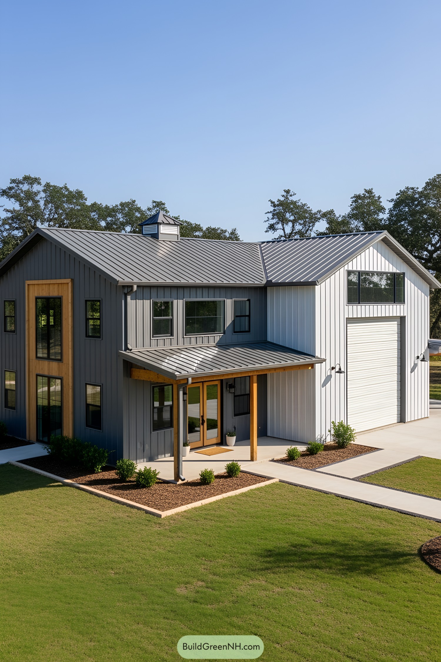 L-Shaped Barndominium with Metal Siding and Wooden Accents