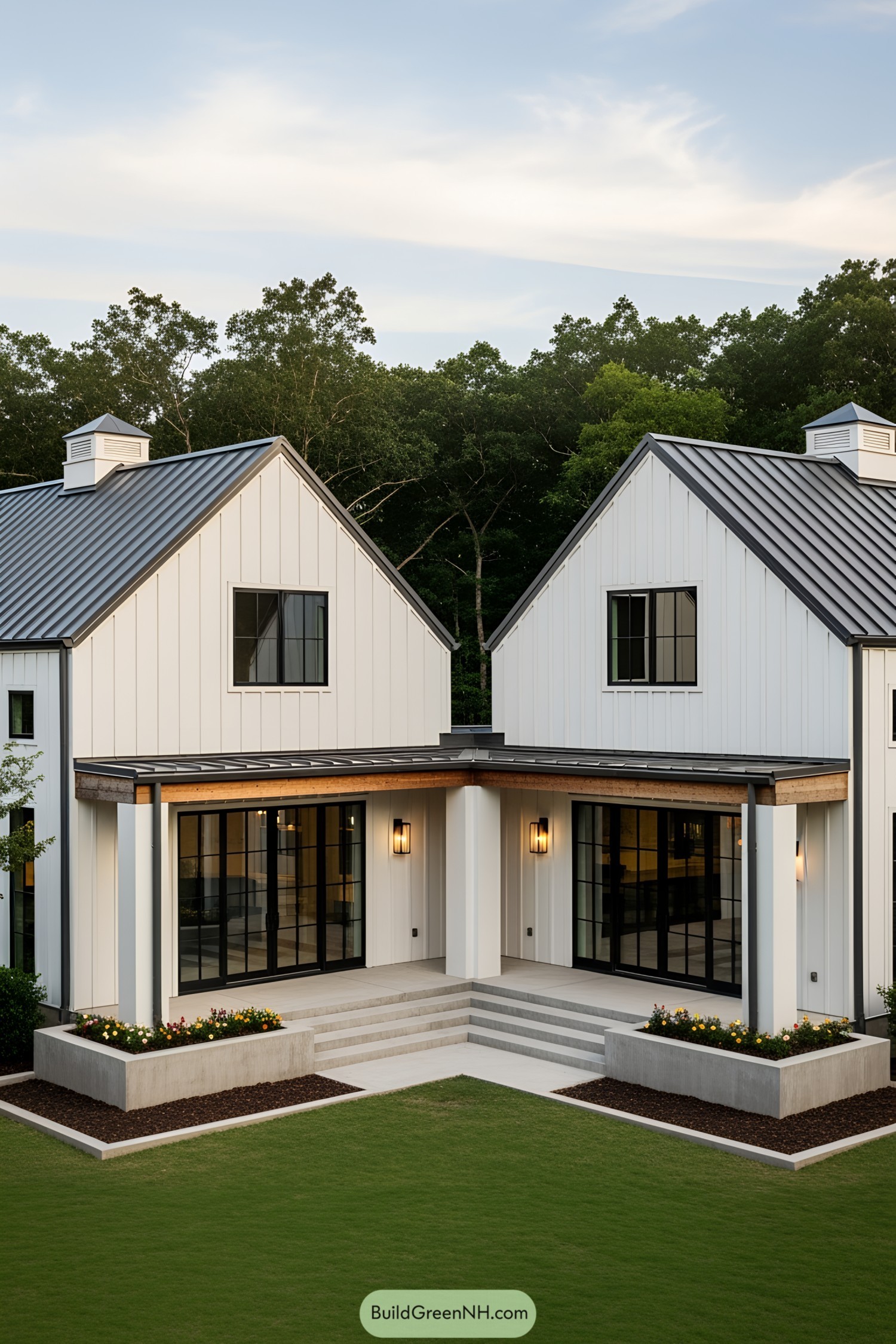 Modern L-shaped barndominium with large glass doors