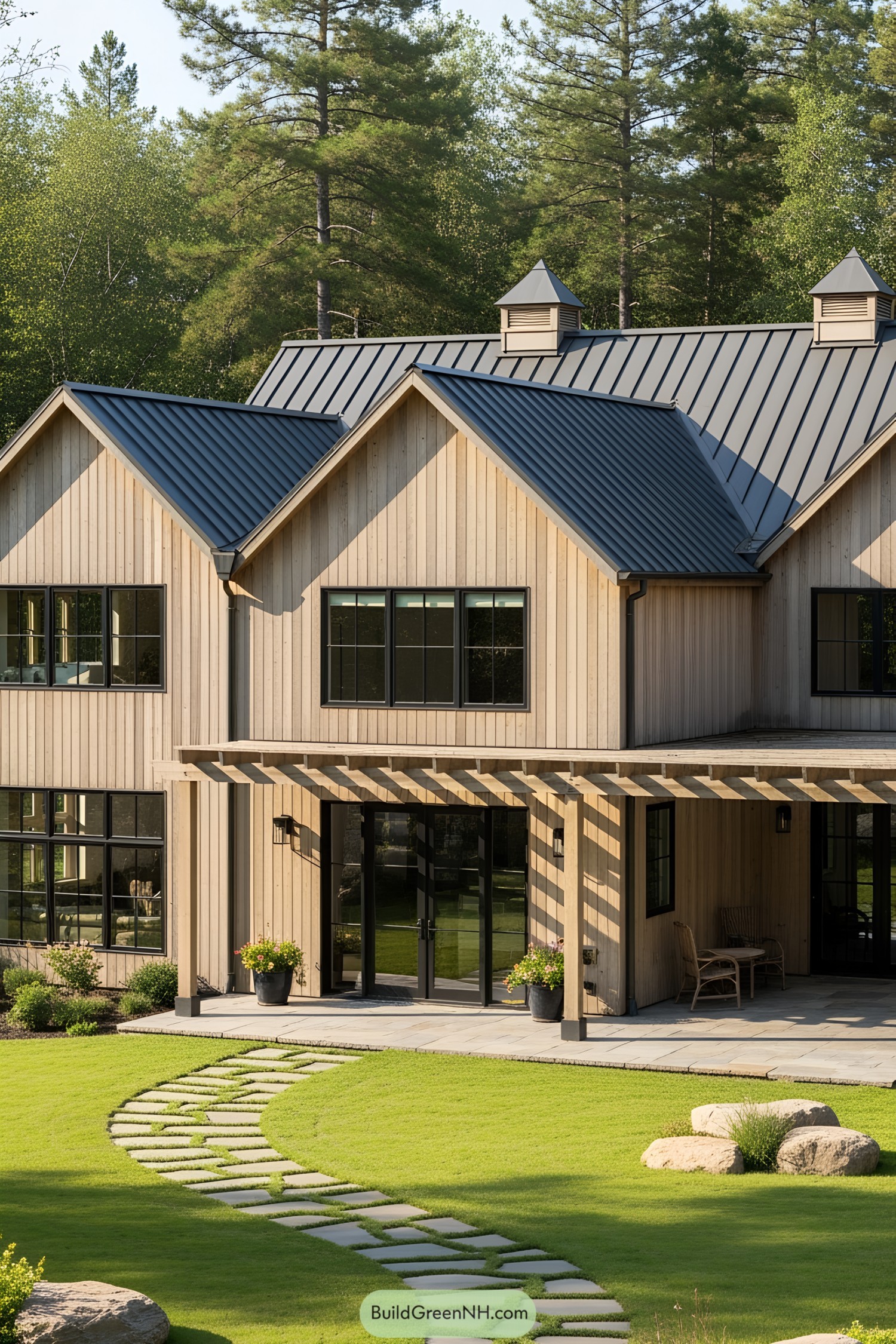 Wooden barndominium with large windows and a metal roof