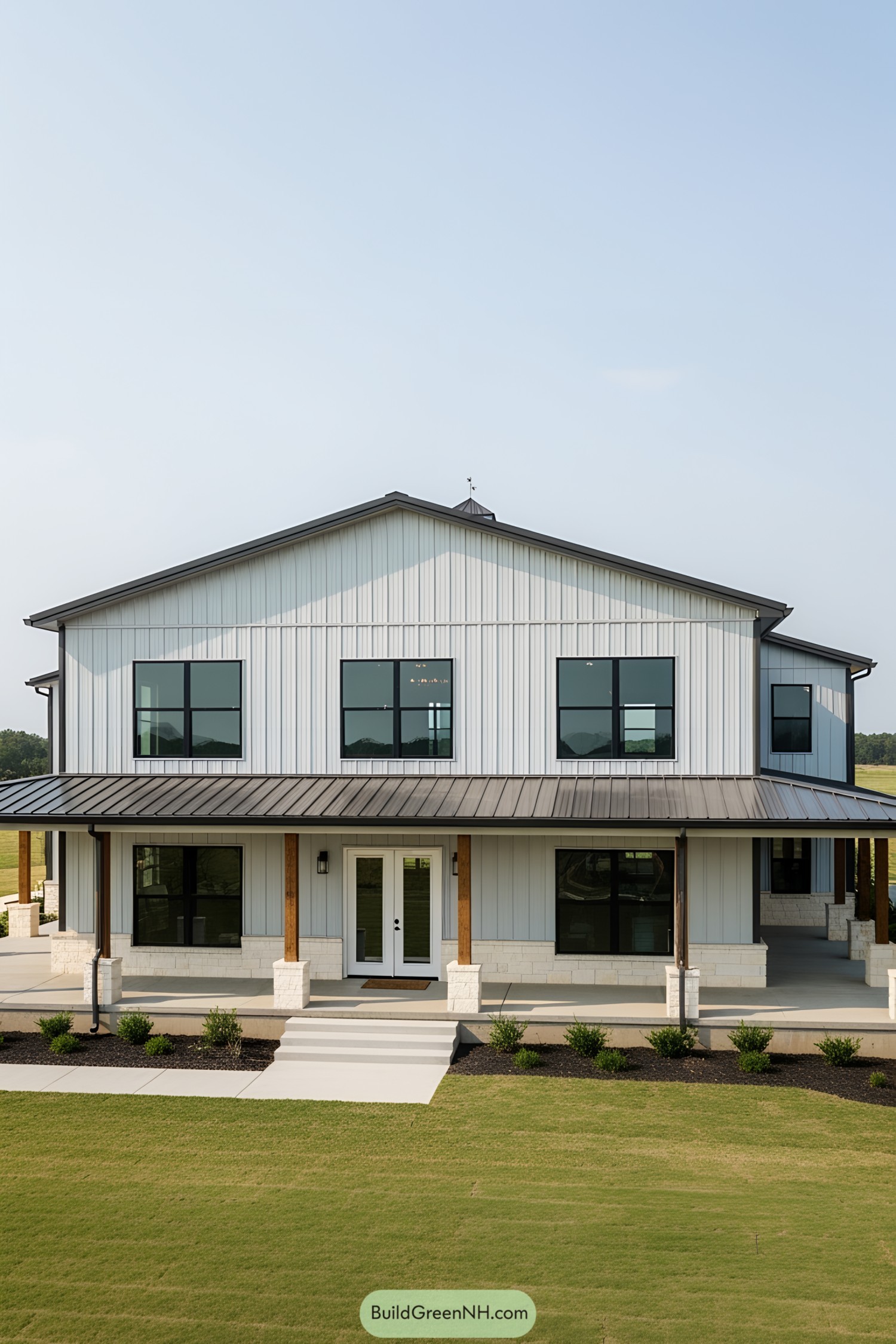 Modern barndominium with a metal roof and spacious porch