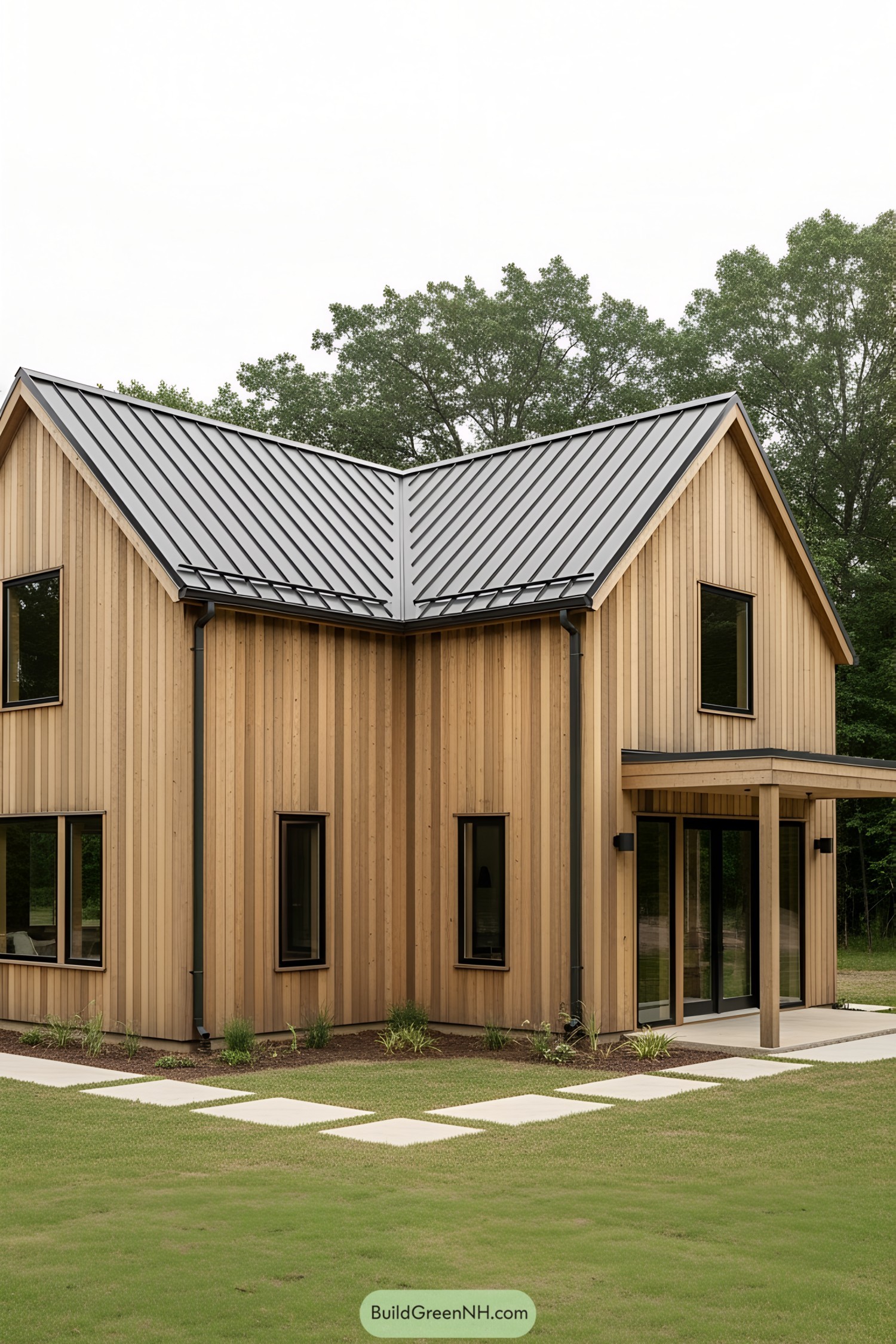 Contemporary L-shaped barndominium with wood and metal features