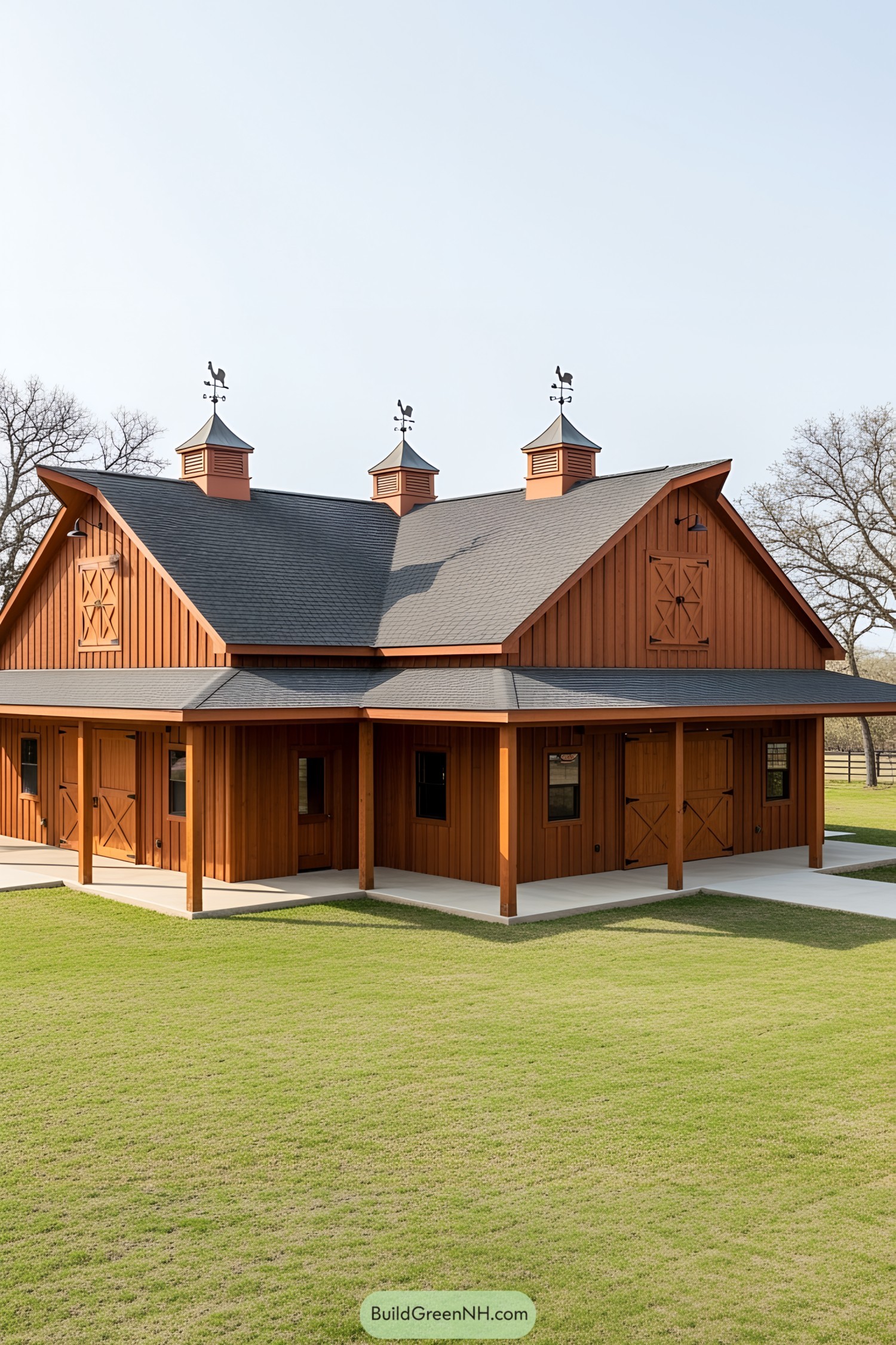 Rustic L-shaped barnhouse with wooden siding and cupolas