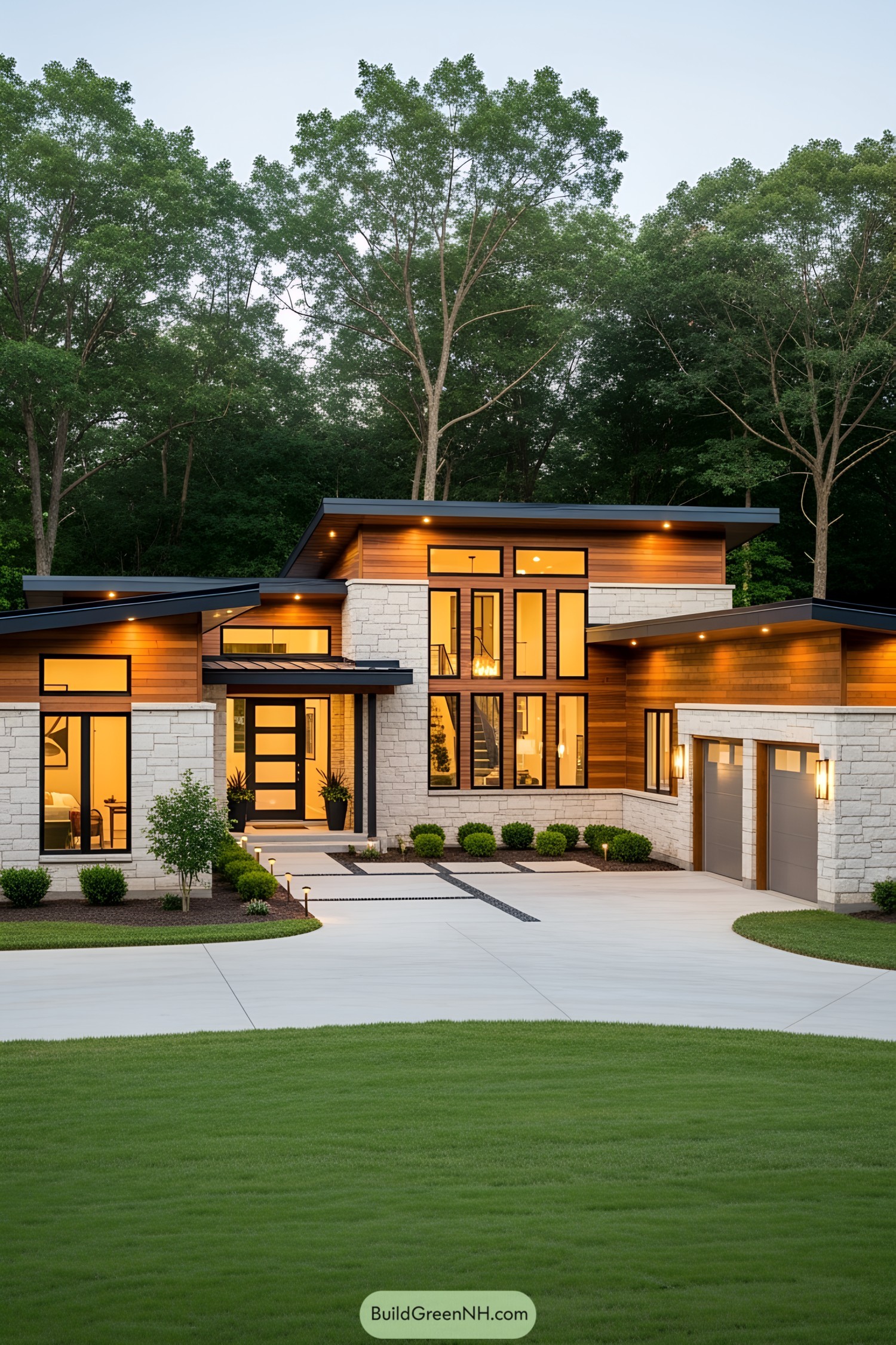 Contemporary L-shaped house with large windows