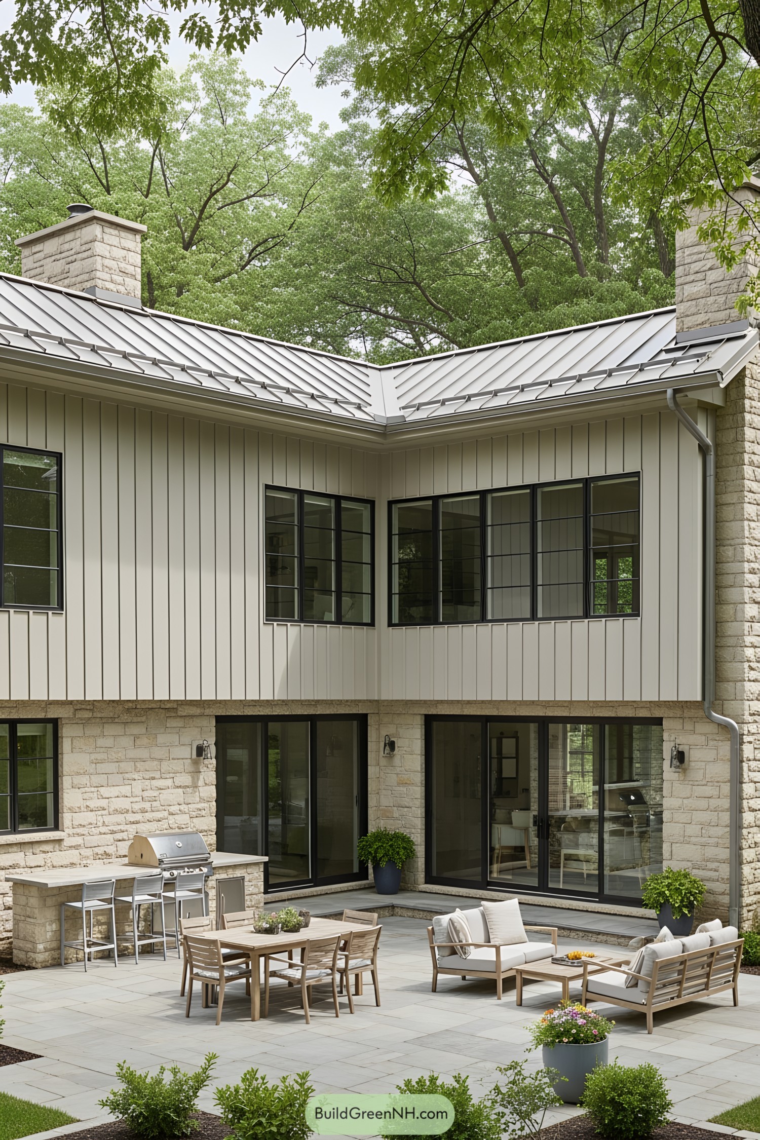 Inviting patio of an L-shaped ranch house with lush surroundings