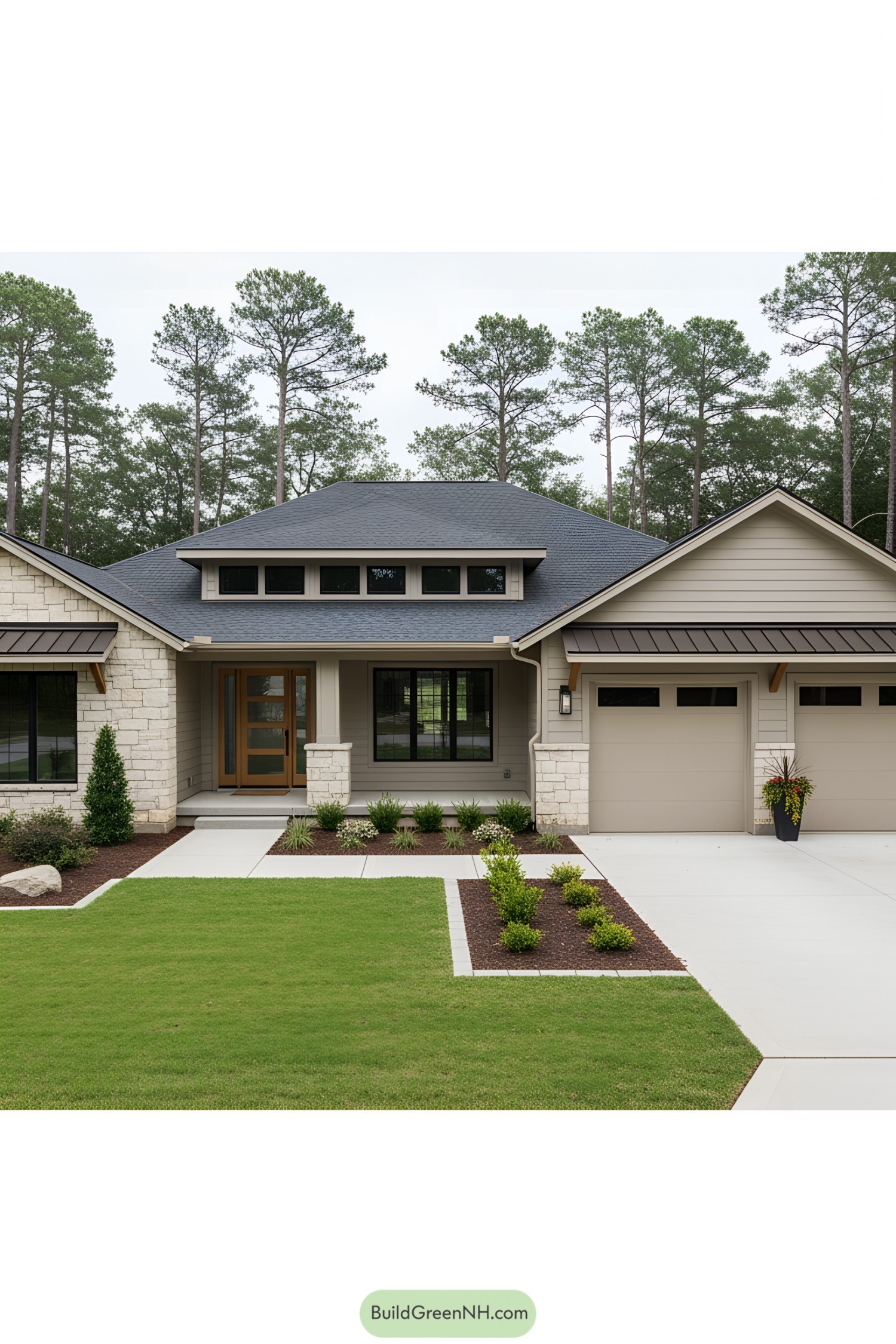 Exterior view of a modern L-shaped ranch house with a manicured lawn
