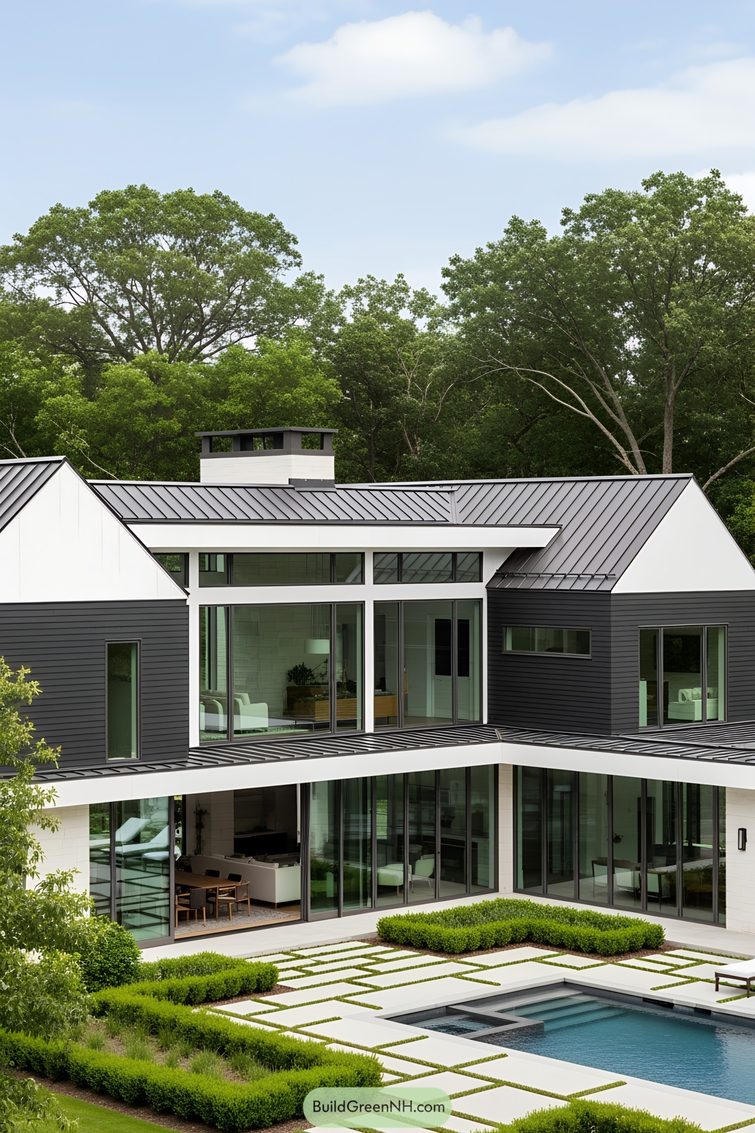 Modern L-shaped house with sleek design and large windows