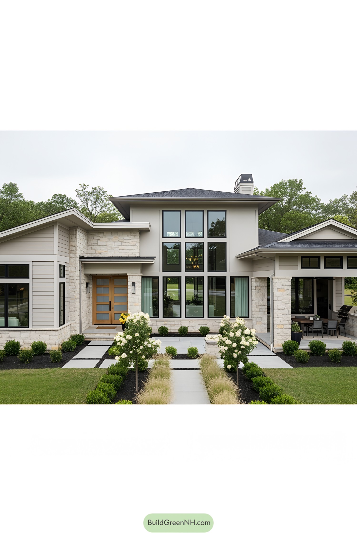 Modern L-shaped ranch house with large windows and a stone facade