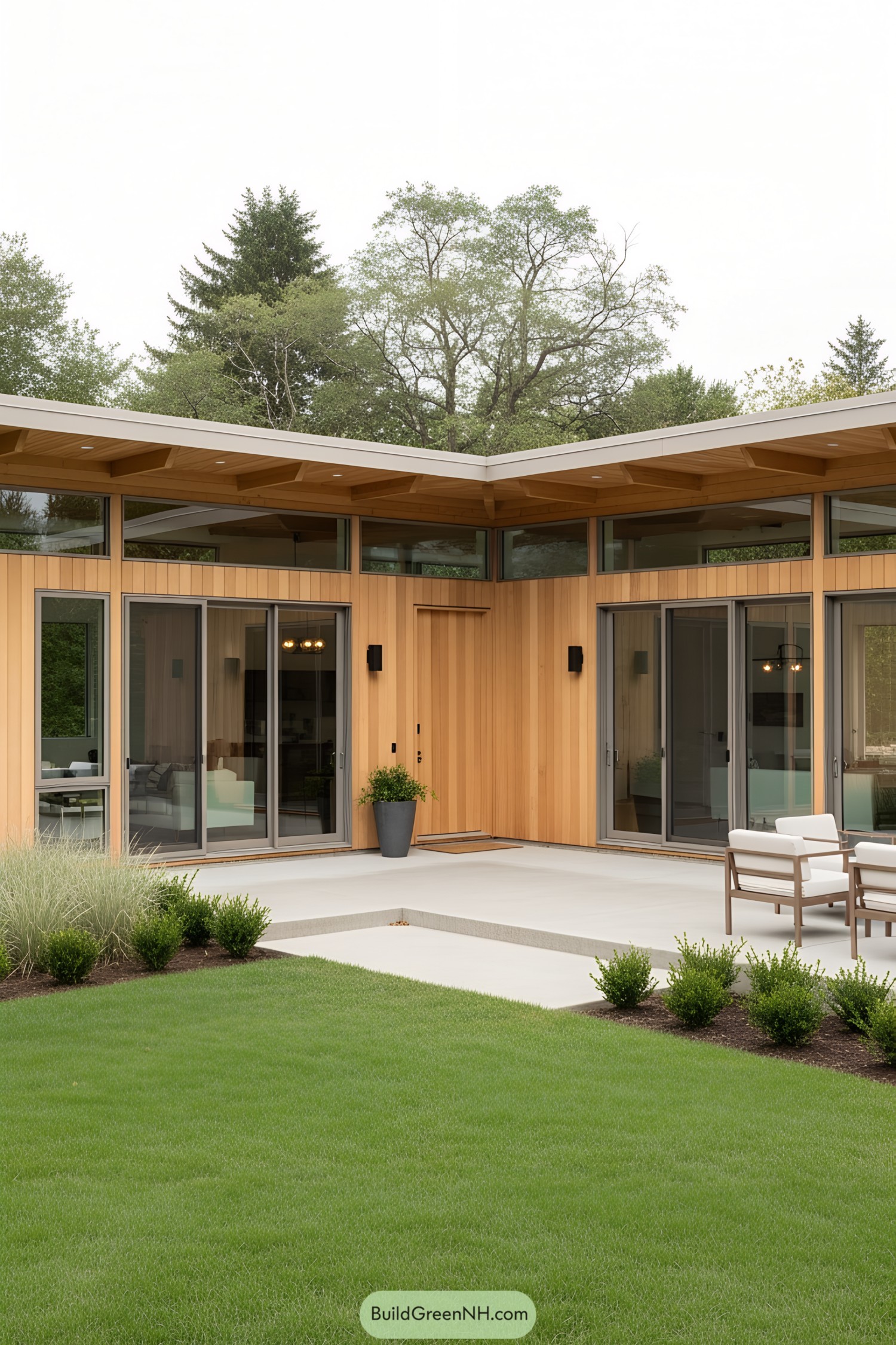 Wood-paneled L-shaped house with a stylish courtyard