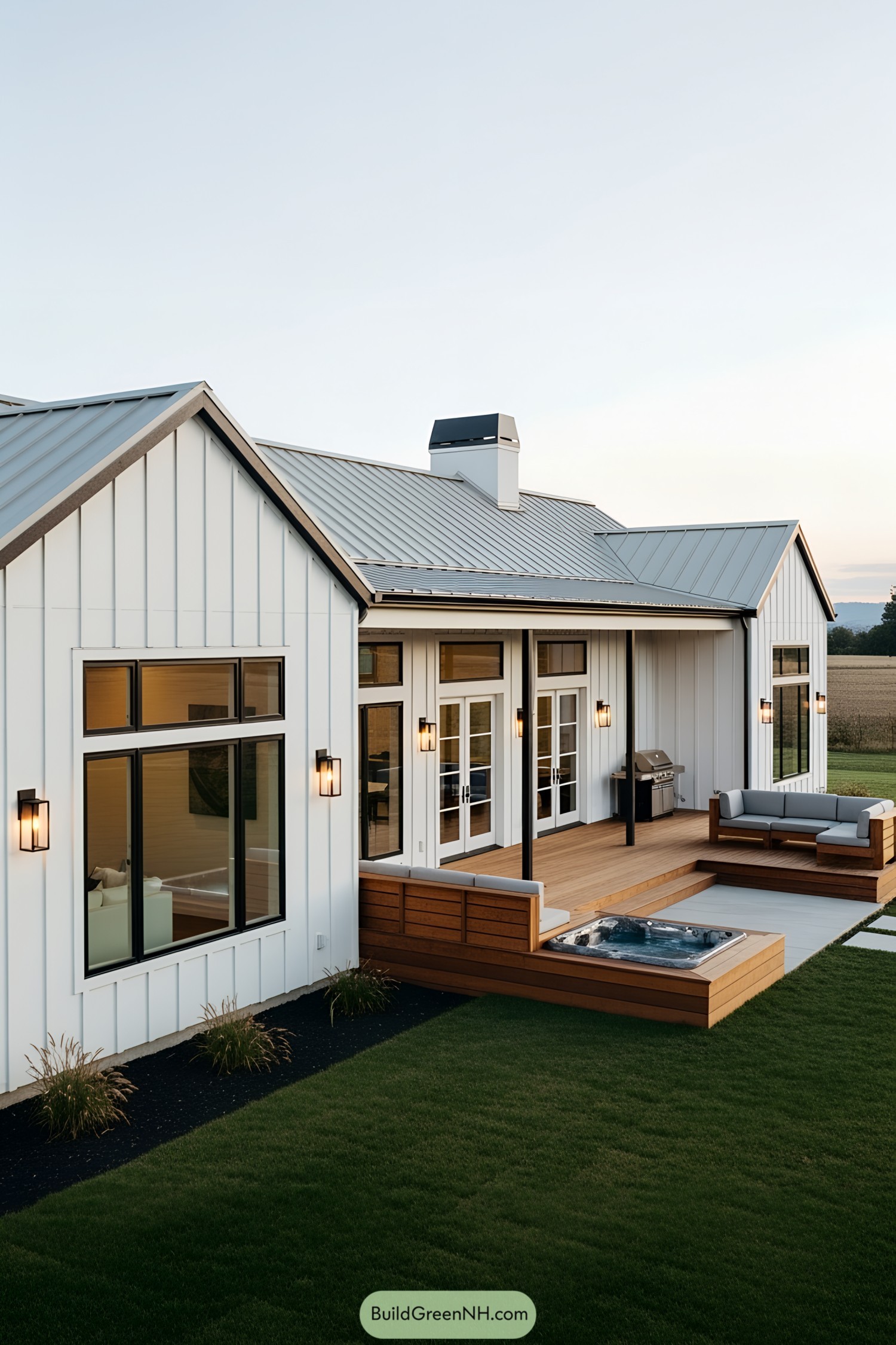 L-shaped ranch house with wooden deck and lawn