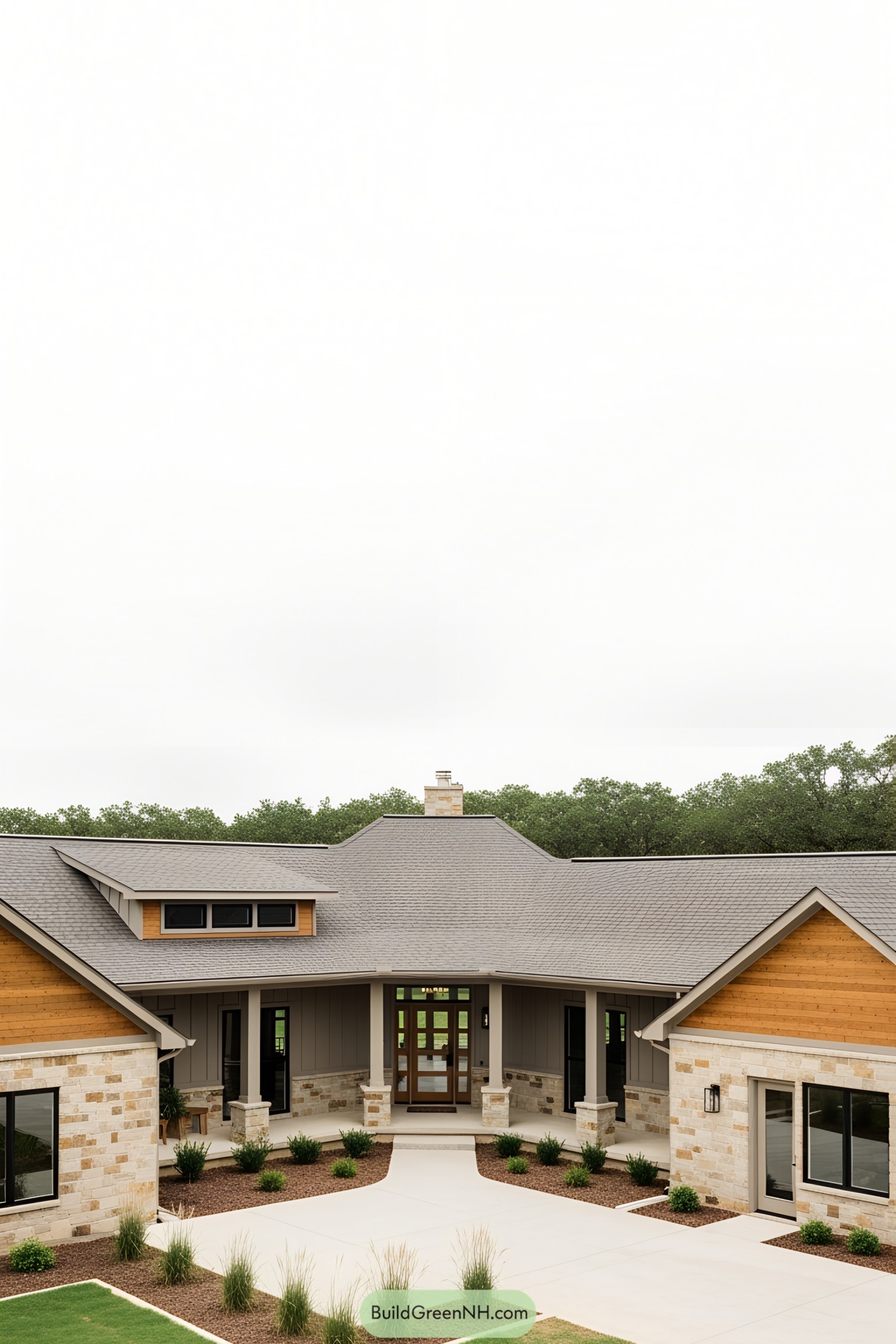 Contemporary L-shaped house with stone and wood facade
