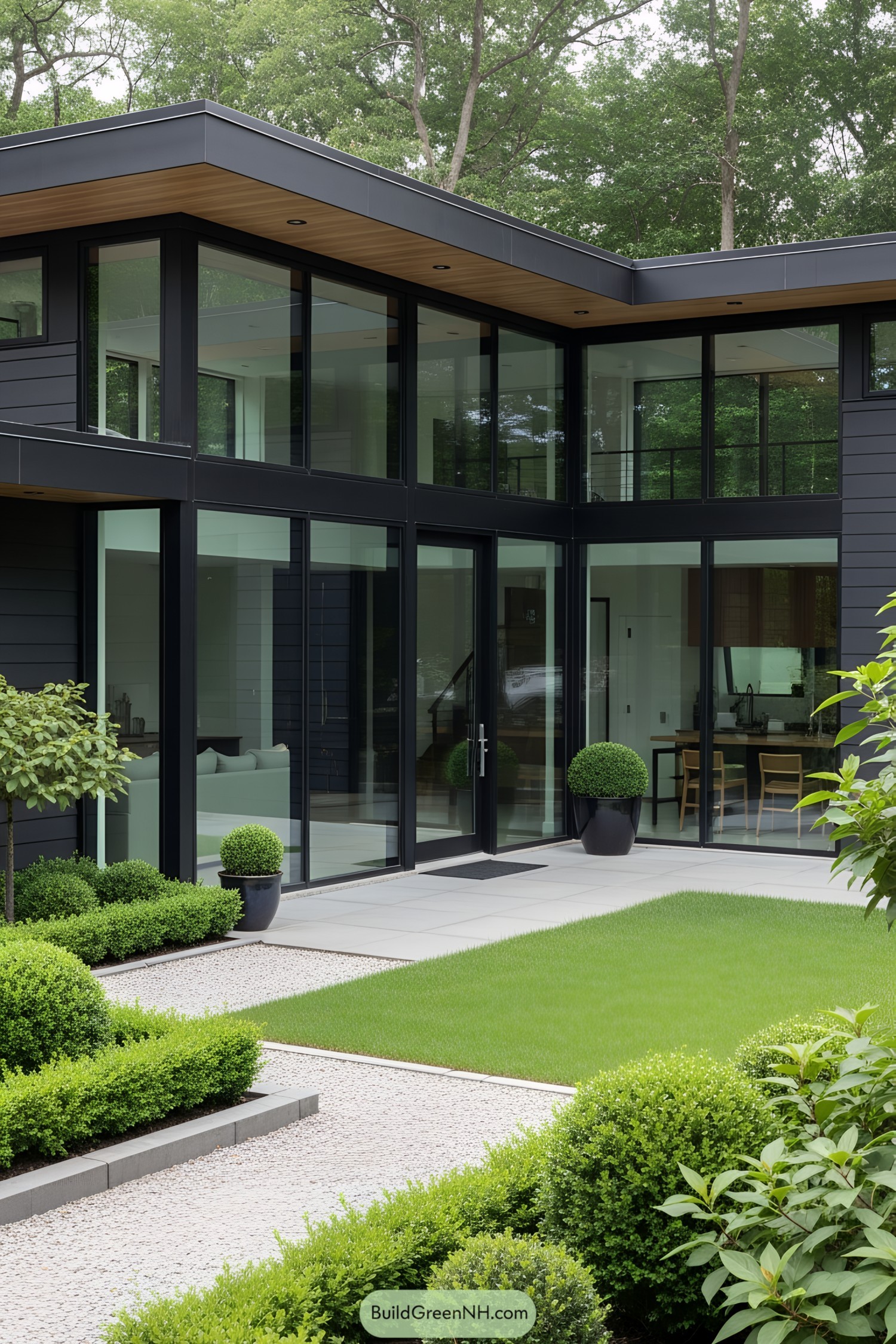 Contemporary L-shaped house with glass walls