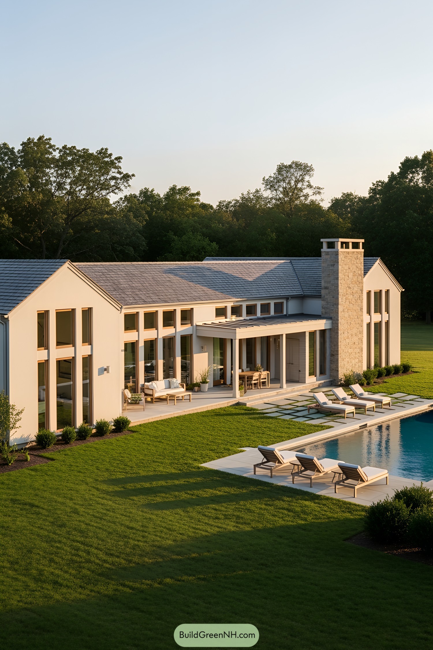 Modern L-shaped house with large windows and a pool
