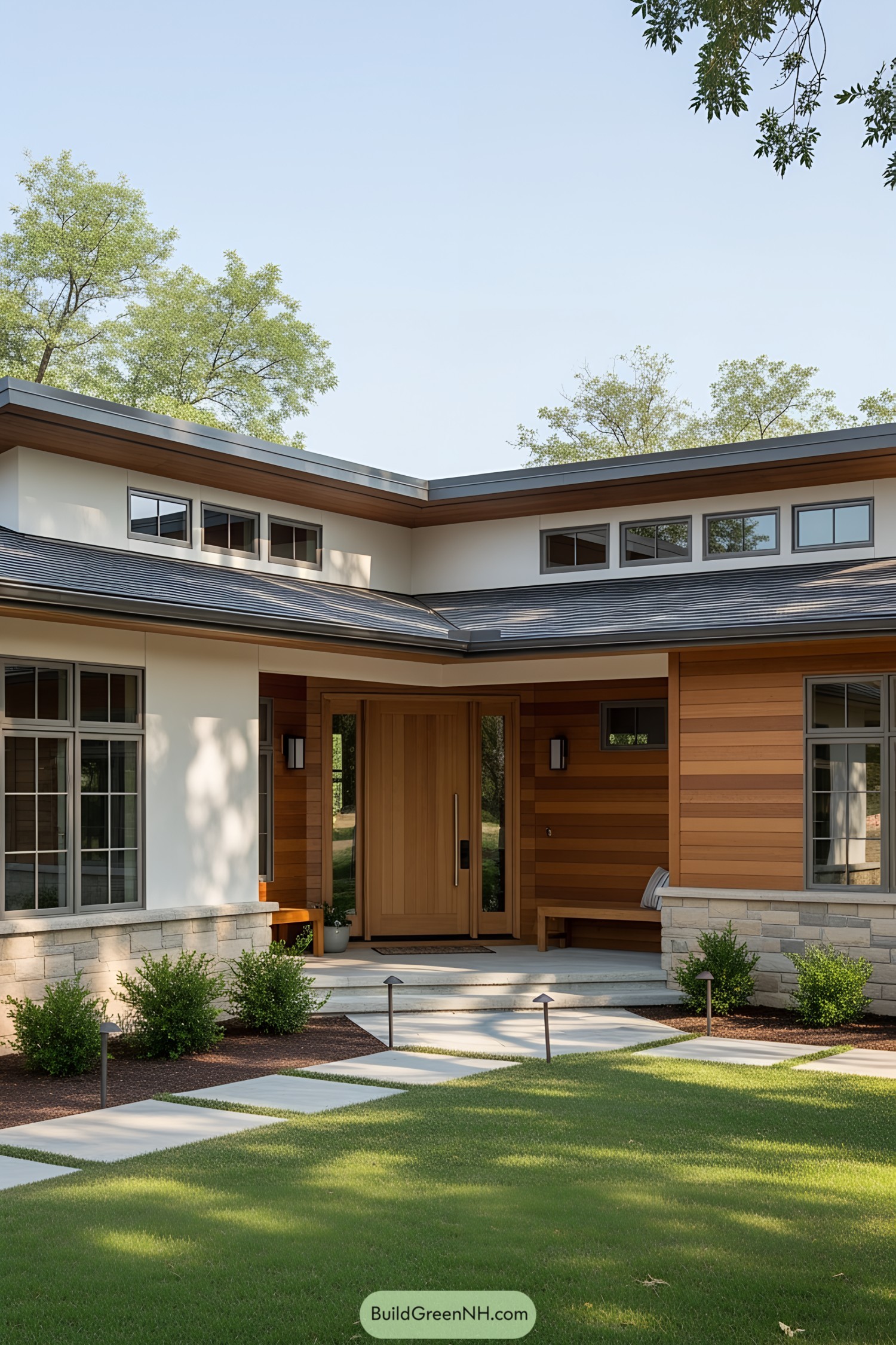 Contemporary L-shaped ranch with wooden accents and lush lawn