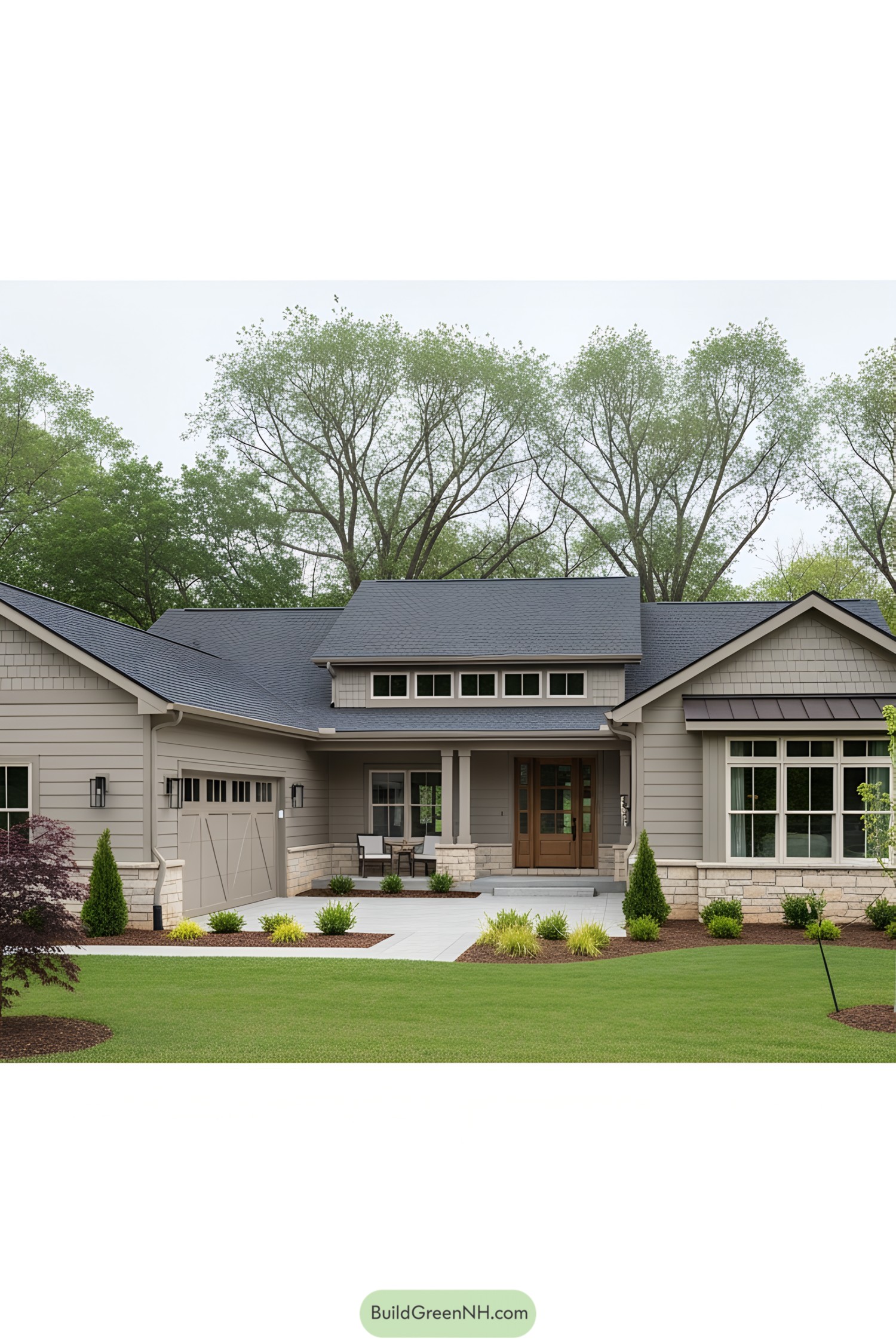 Cozy, modern L-shaped ranch house with lush landscaping