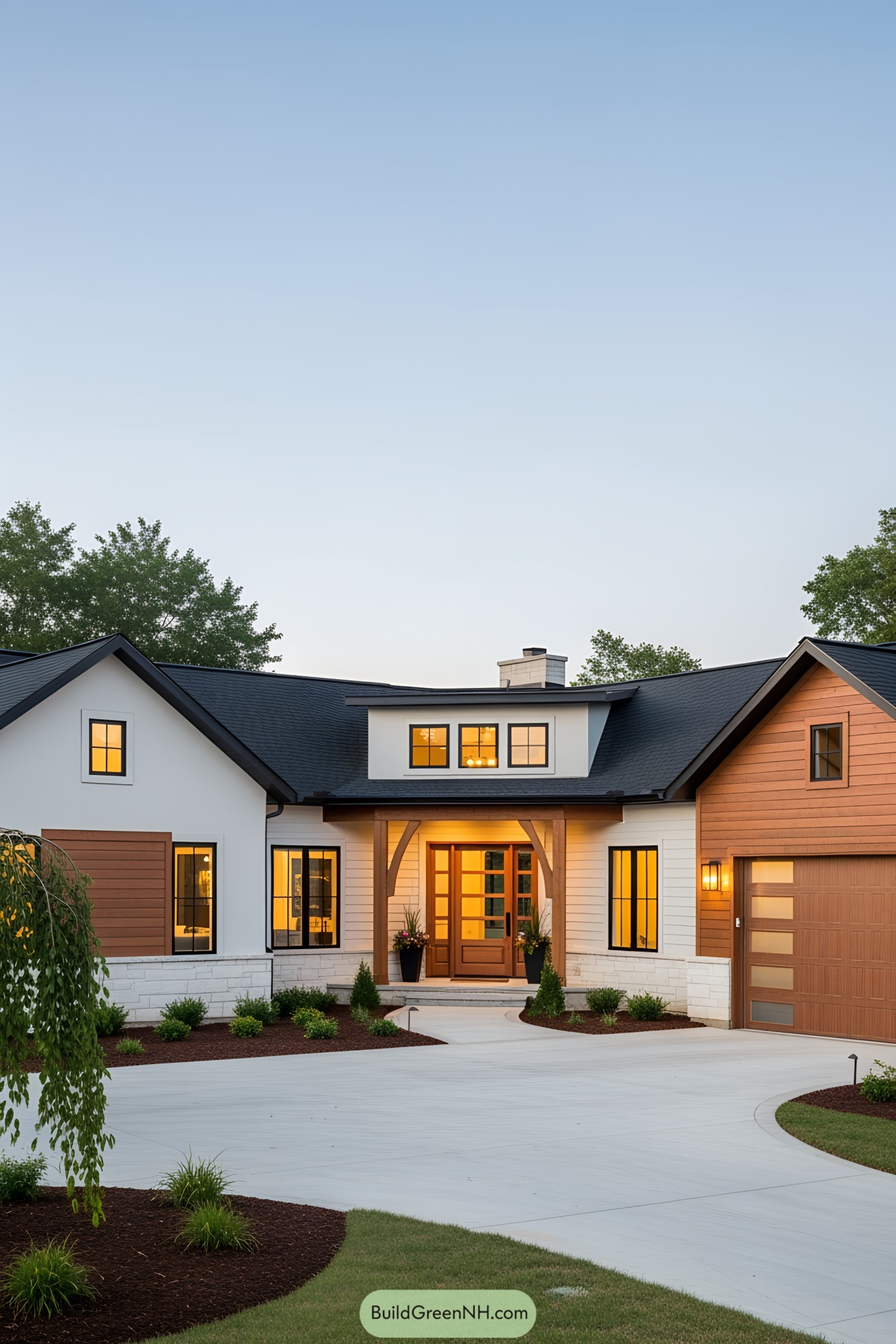 Cozy L-shaped home with wooden accents and warm lights