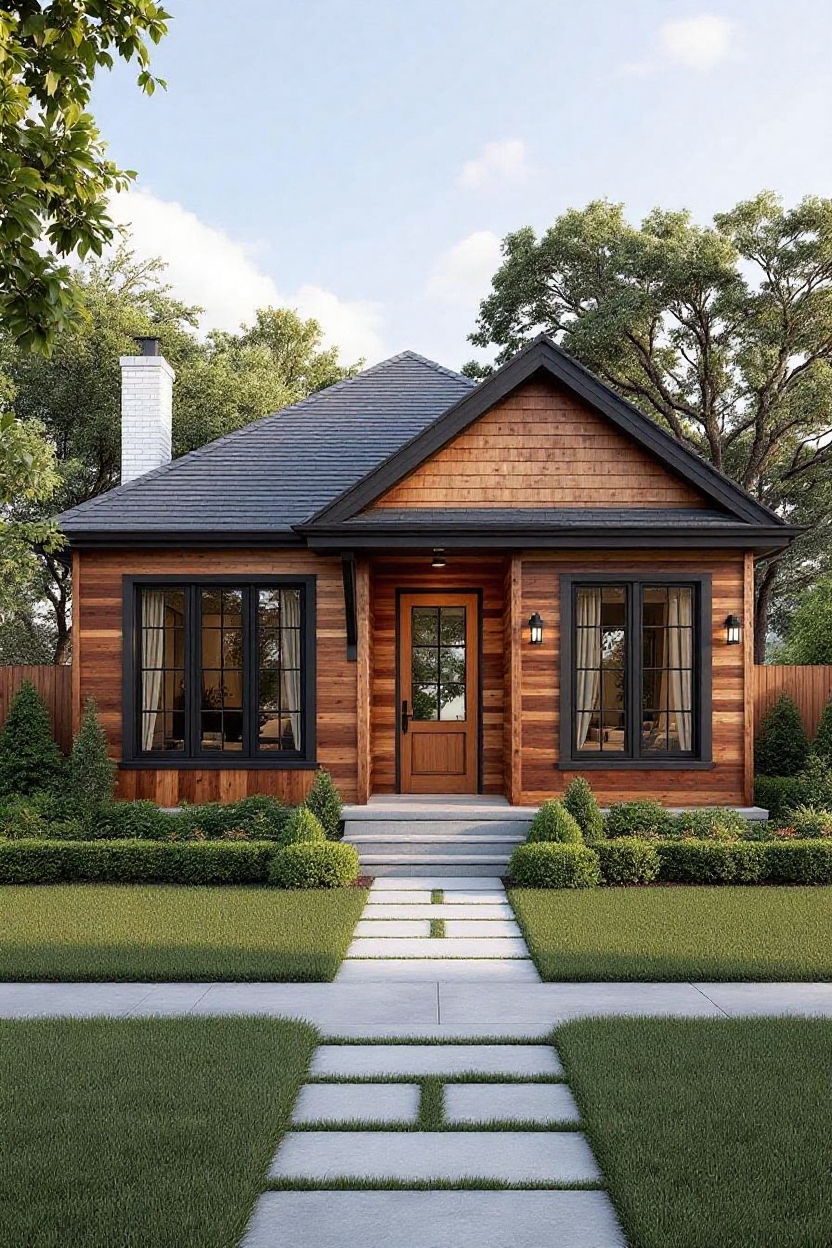 change house facade to all wooden with multiple stain panels
