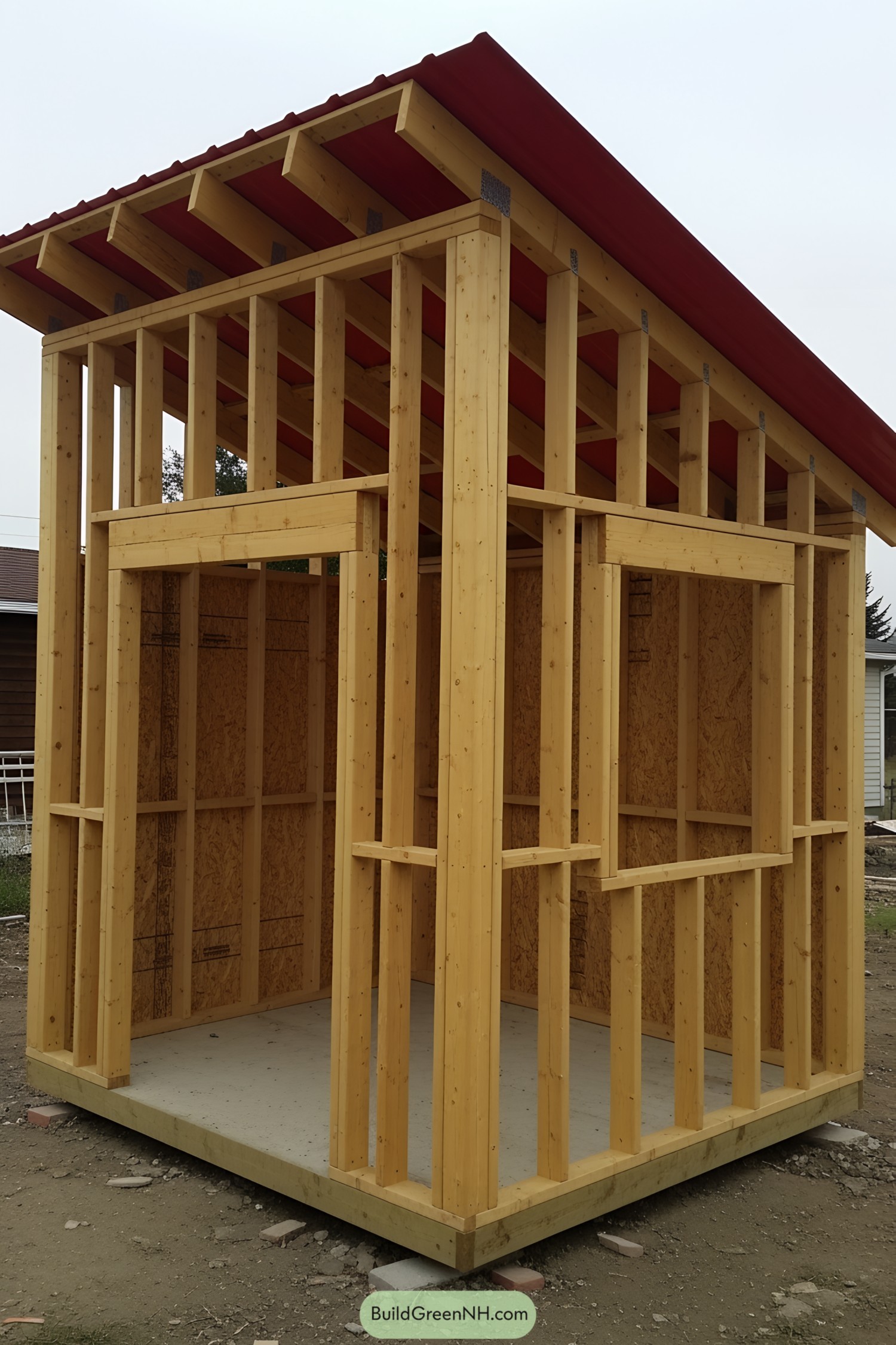 Wooden lean-to shed under construction with exposed frame