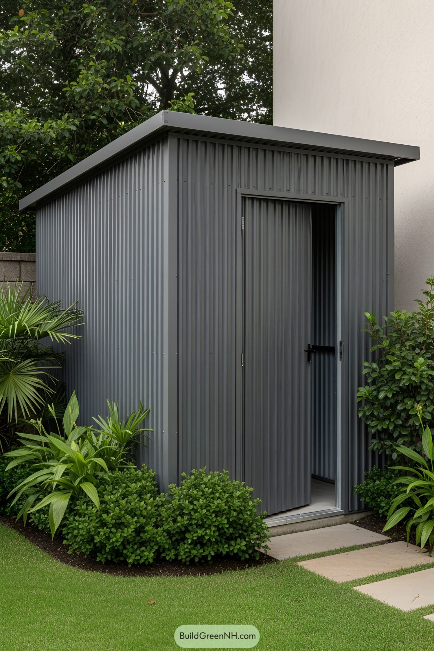 Compact dark grey shed with a corrugated exterior surrounded by lush greenery