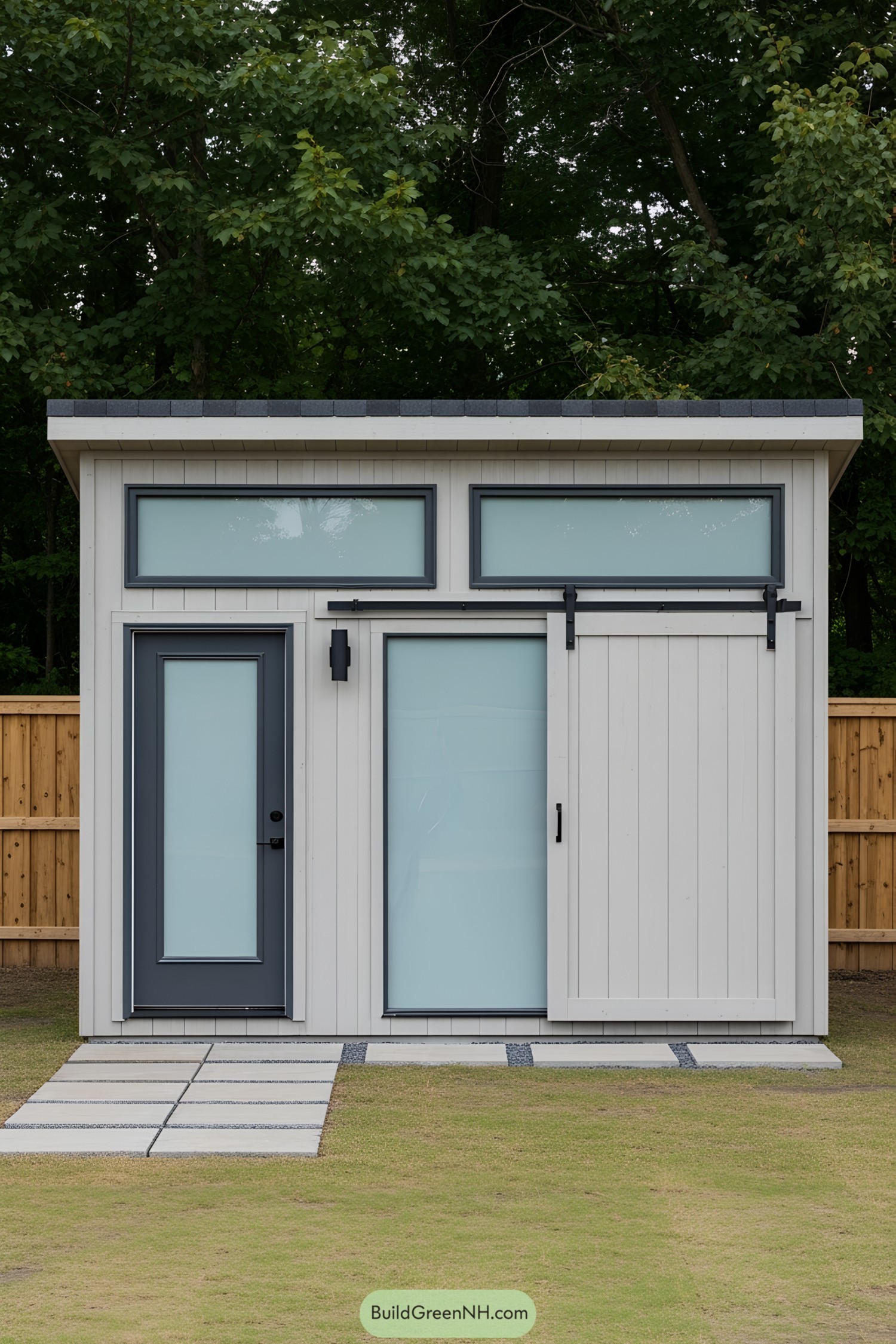 Modern lean-to shed with frosted glass doors and windows